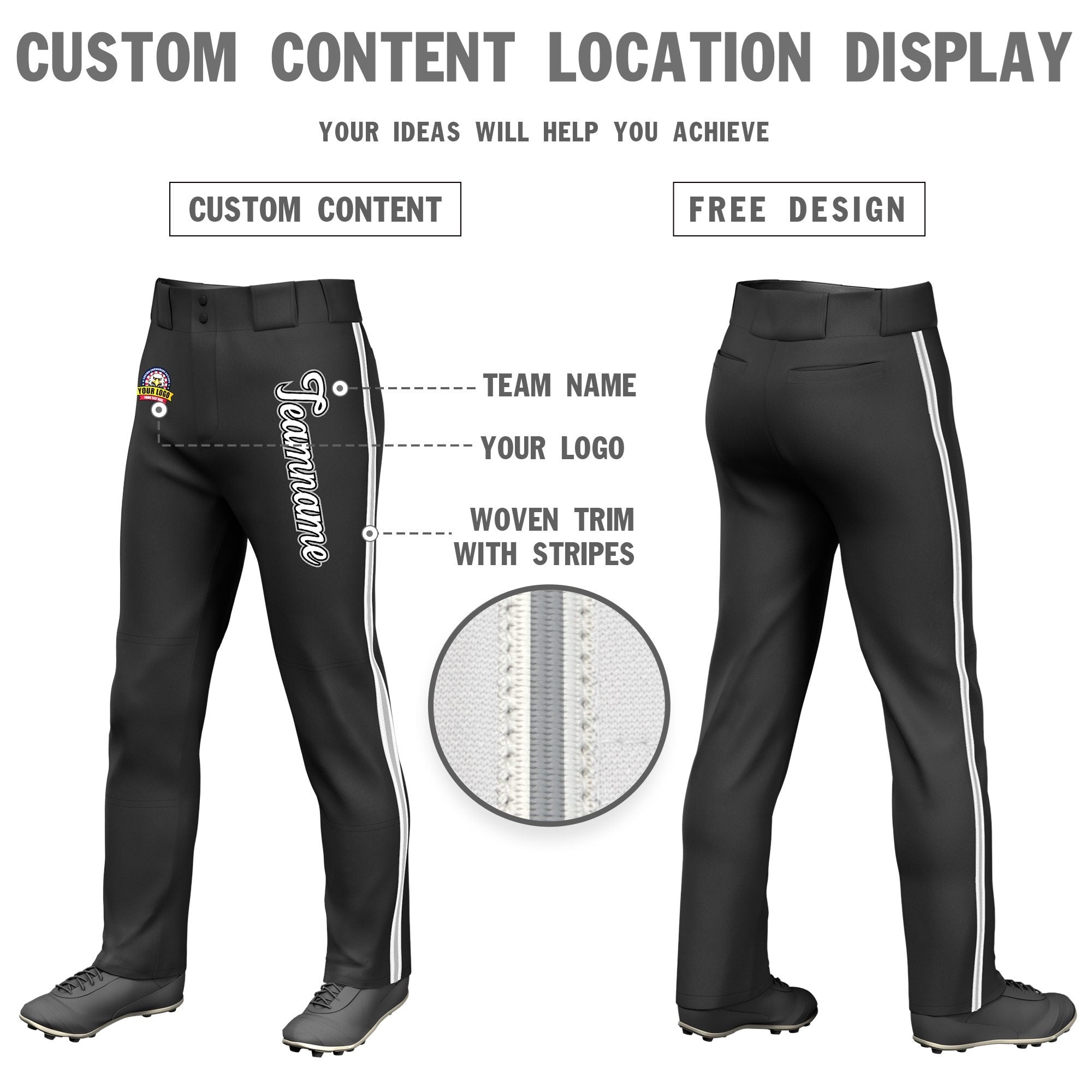 Custom Black White Gray-White Classic Fit Stretch Practice Loose-fit Baseball Pants