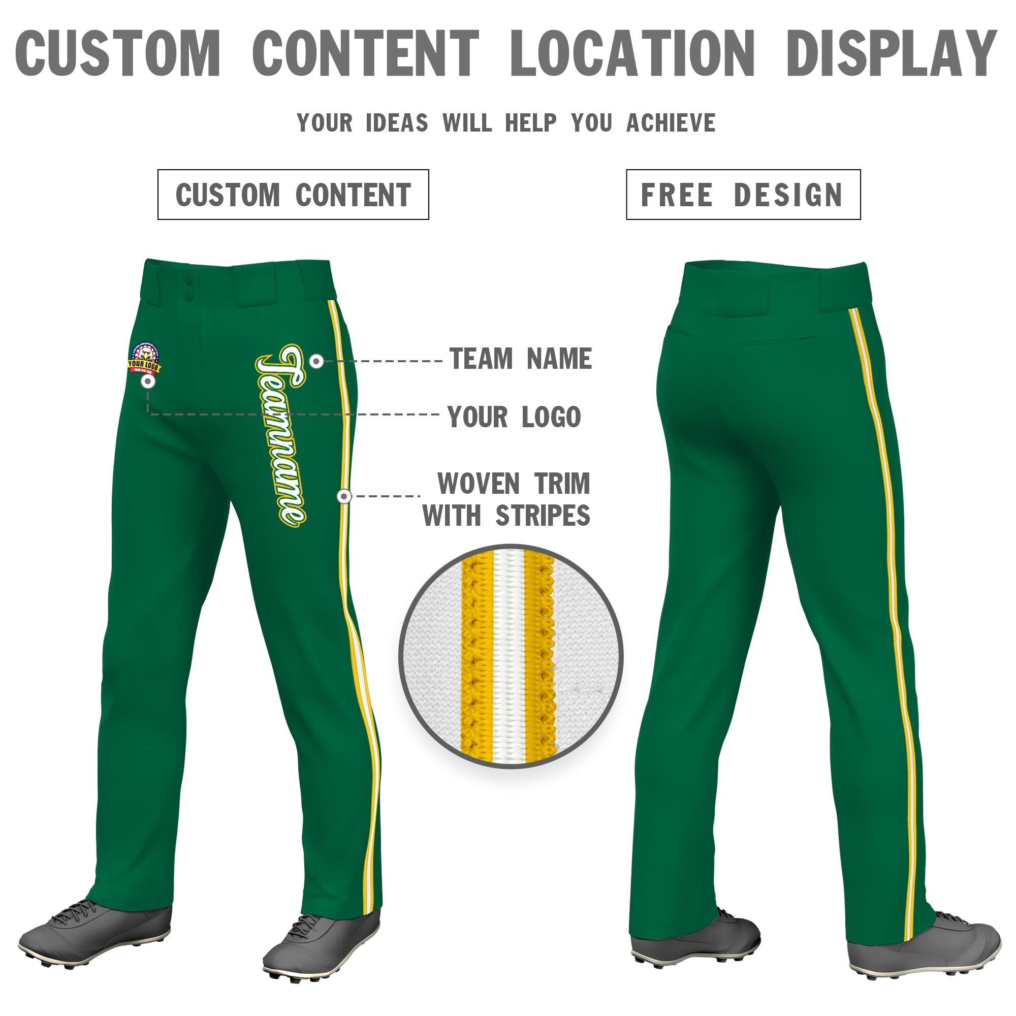 Custom Kelly Green Gold01 White-Gold01 Classic Fit Stretch Practice Loose-fit Baseball Pants