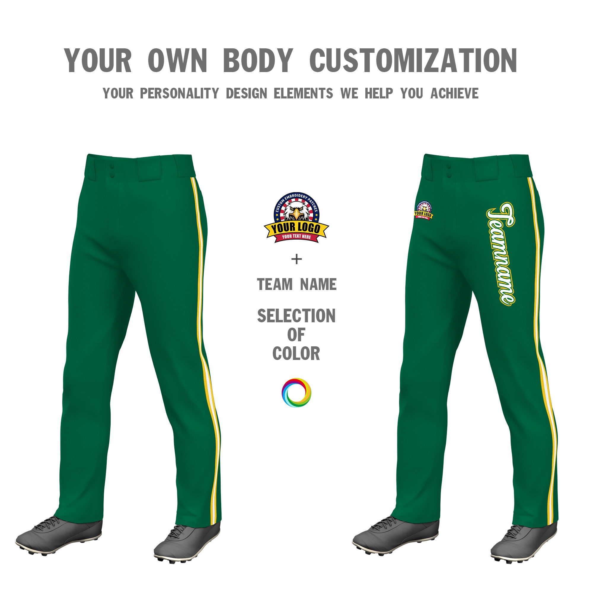 Custom Kelly Green Gold01 White-Gold01 Classic Fit Stretch Practice Loose-fit Baseball Pants