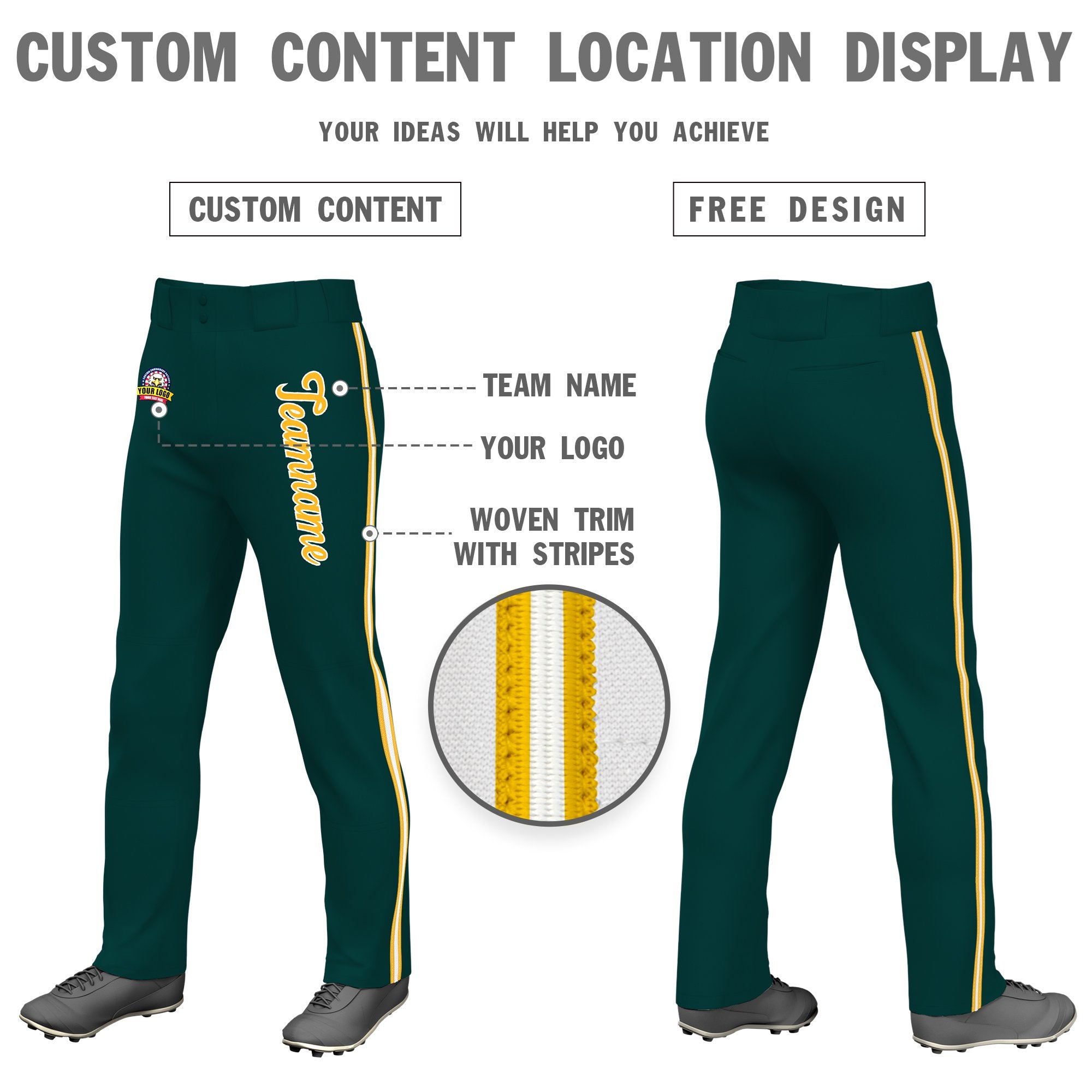 Custom Midnight Green Gold01 White-Gold01 Classic Fit Stretch Practice Loose-fit Baseball Pants