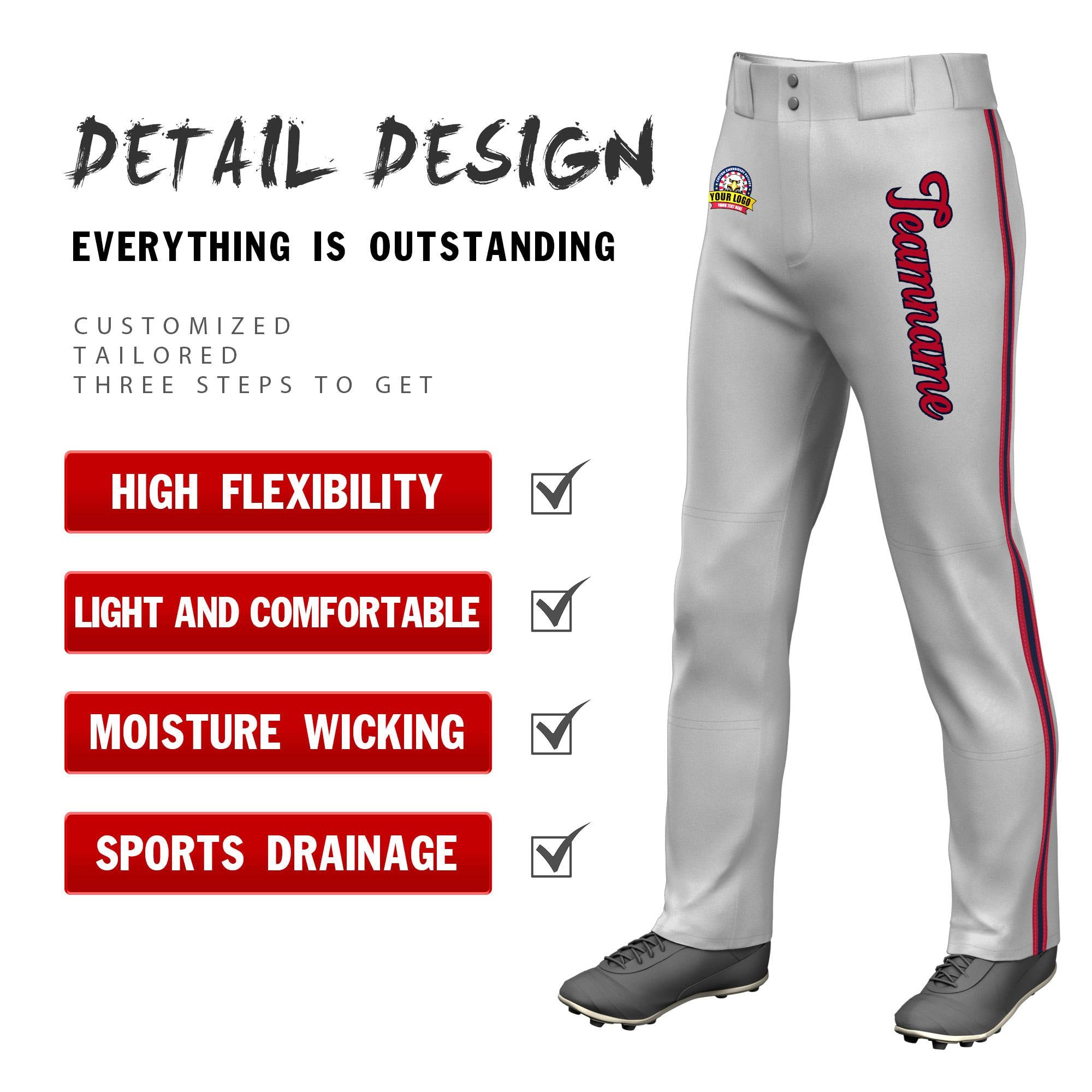 Custom Gray Red Navy-Red Classic Fit Stretch Practice Loose-fit Baseball Pants