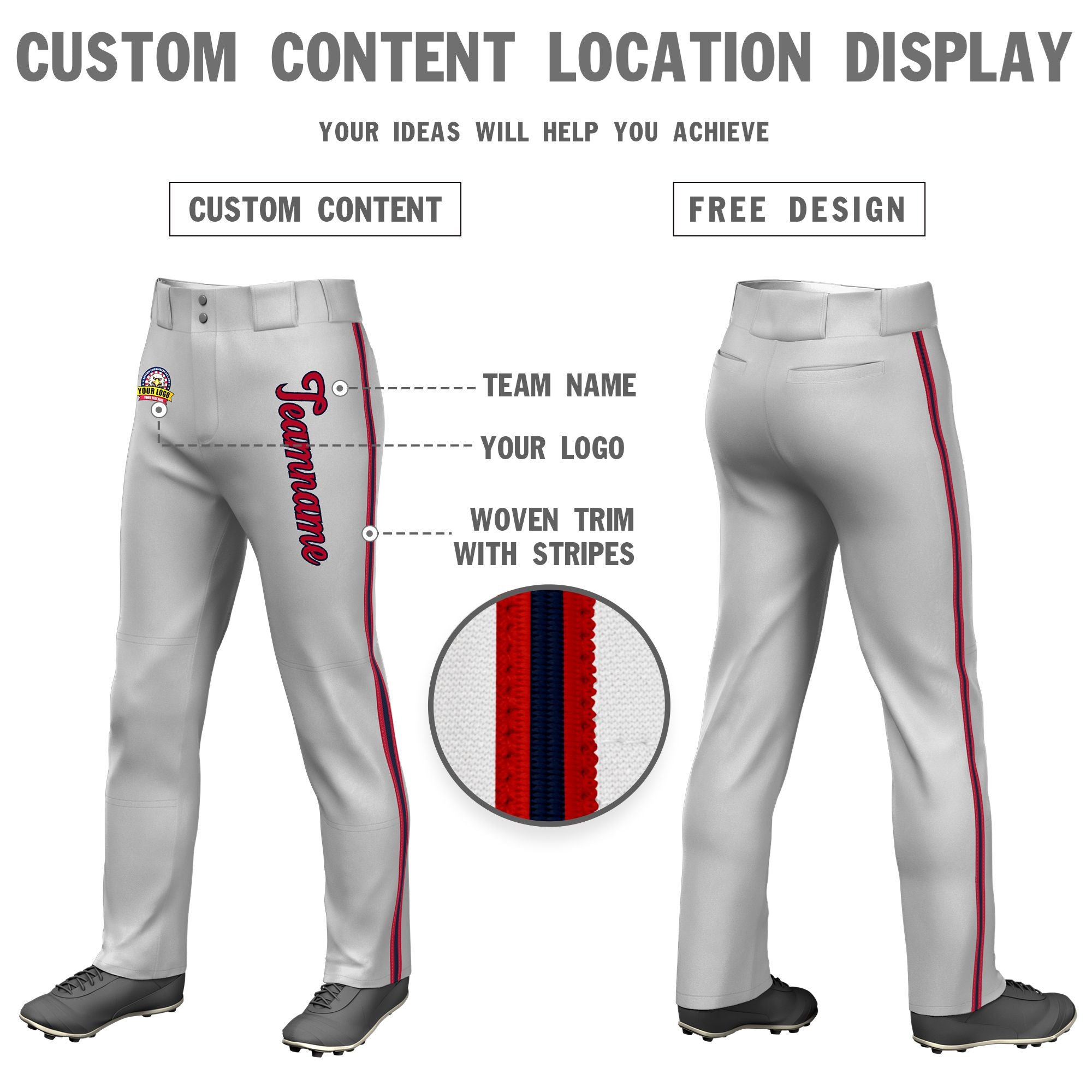 Custom Gray Red Navy-Red Classic Fit Stretch Practice Loose-fit Baseball Pants