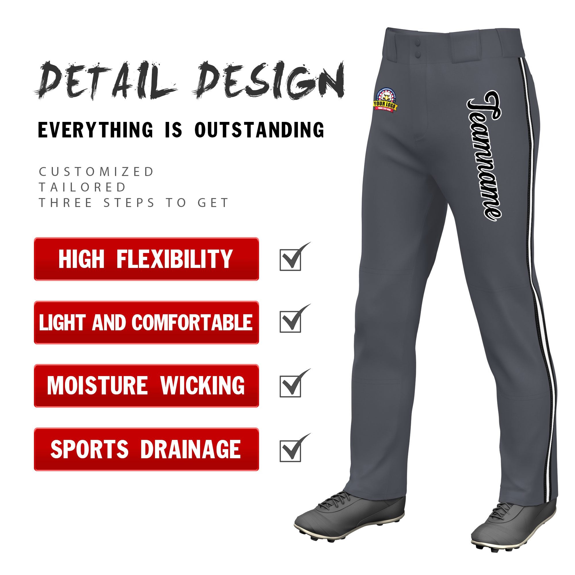 Custom Dark Gray Black White-Black Classic Fit Stretch Practice Loose-fit Baseball Pants