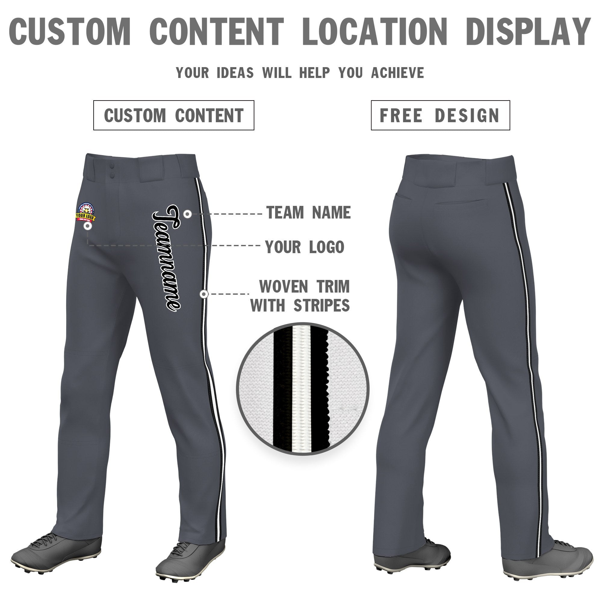 Custom Dark Gray Black White-Black Classic Fit Stretch Practice Loose-fit Baseball Pants