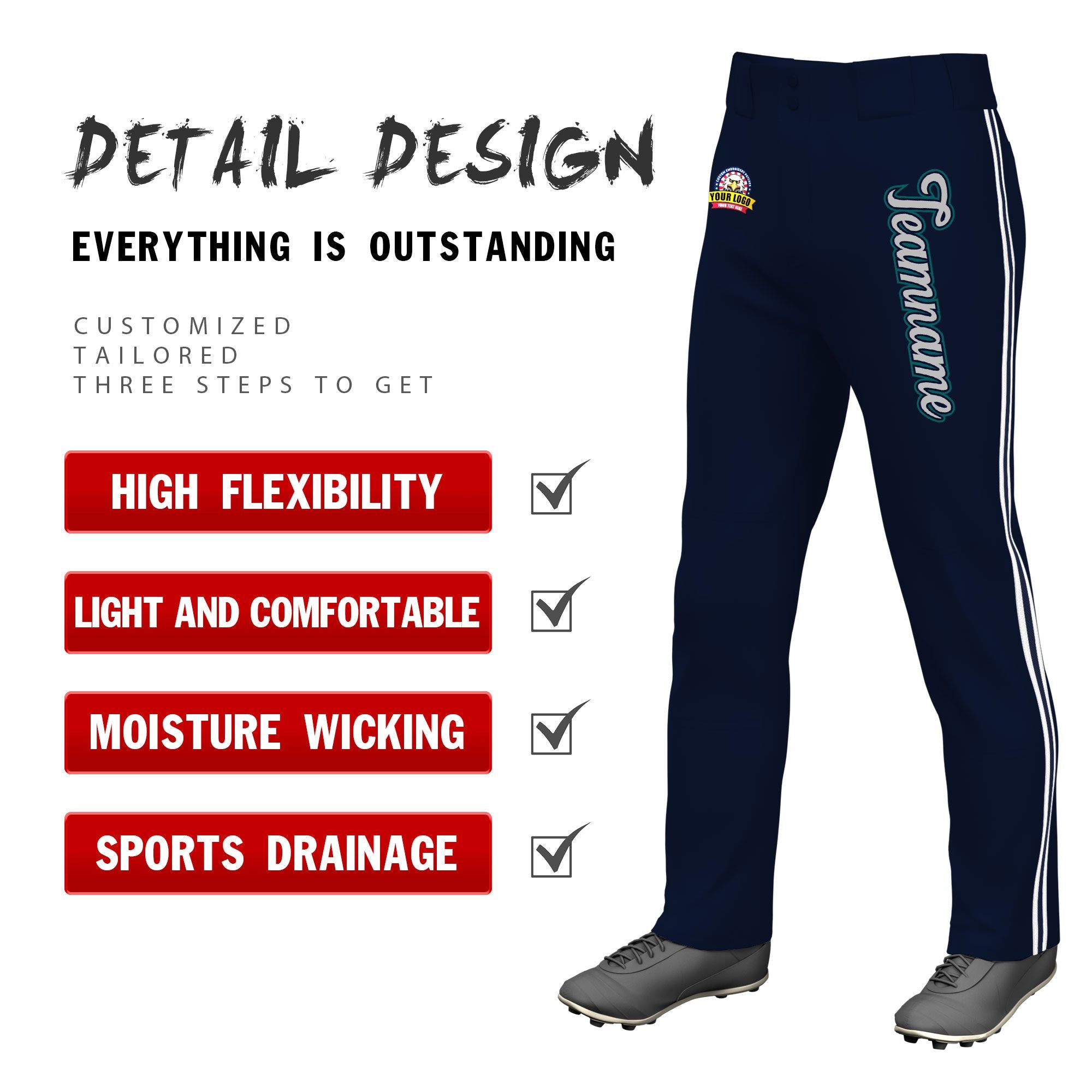 Custom Navy White Navy-White Classic Fit Stretch Practice Loose-fit Baseball Pants