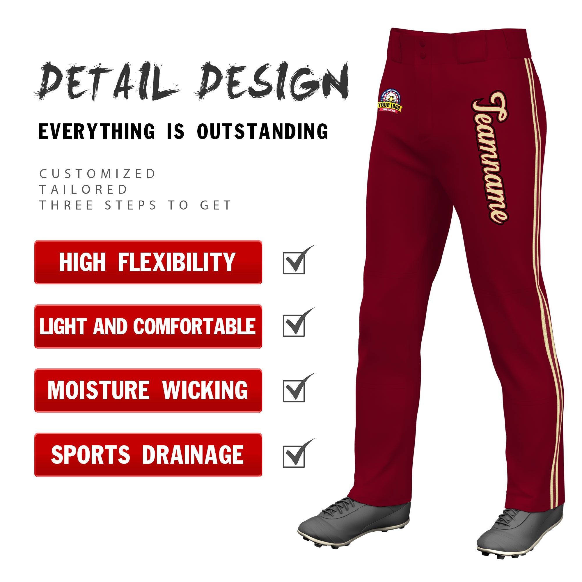 Custom Crimson Khaki Crimson-Khaki Classic Fit Stretch Practice Loose-fit Baseball Pants