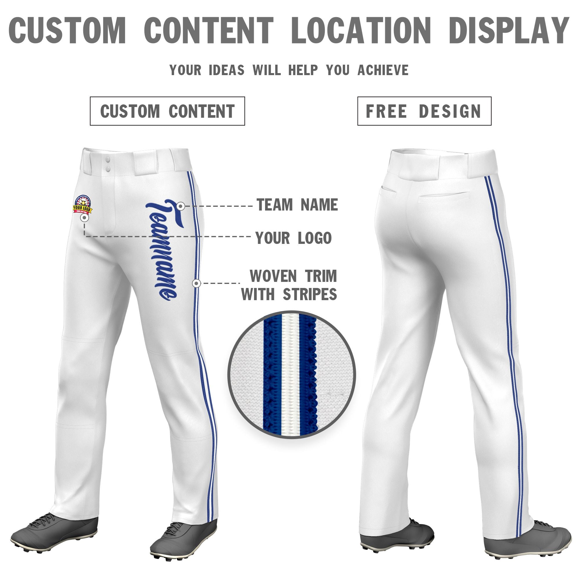 Custom White Royal Blue White-Royal Blue Classic Fit Stretch Practice Loose-fit Baseball Pants