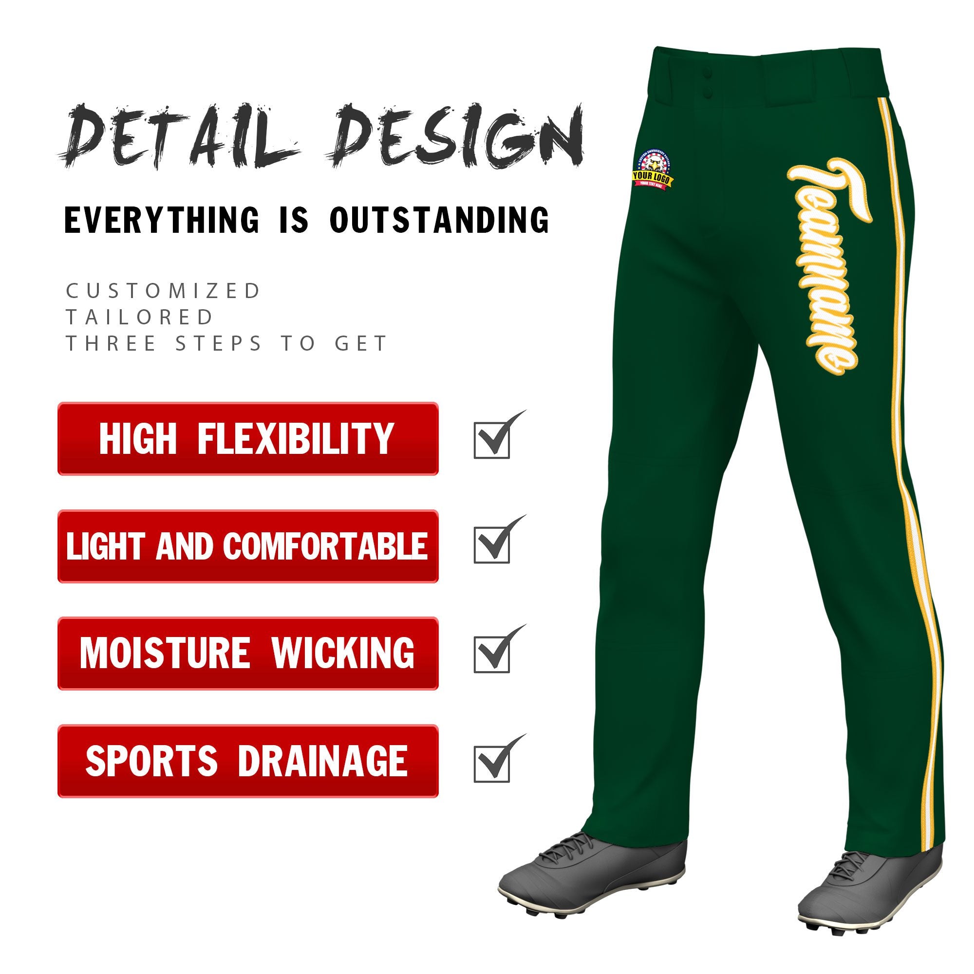 Custom Green Gold01 White-Gold01 Classic Fit Stretch Practice Loose-fit Baseball Pants