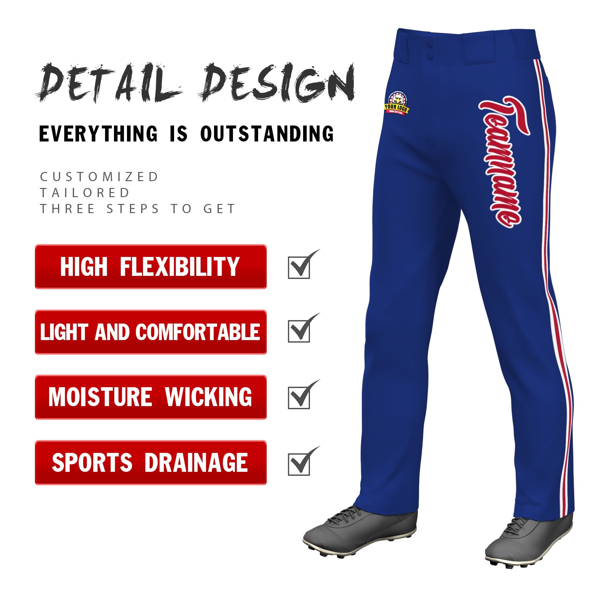 Custom Royal Blue White Red-White Classic Fit Stretch Practice Loose-fit Baseball Pants