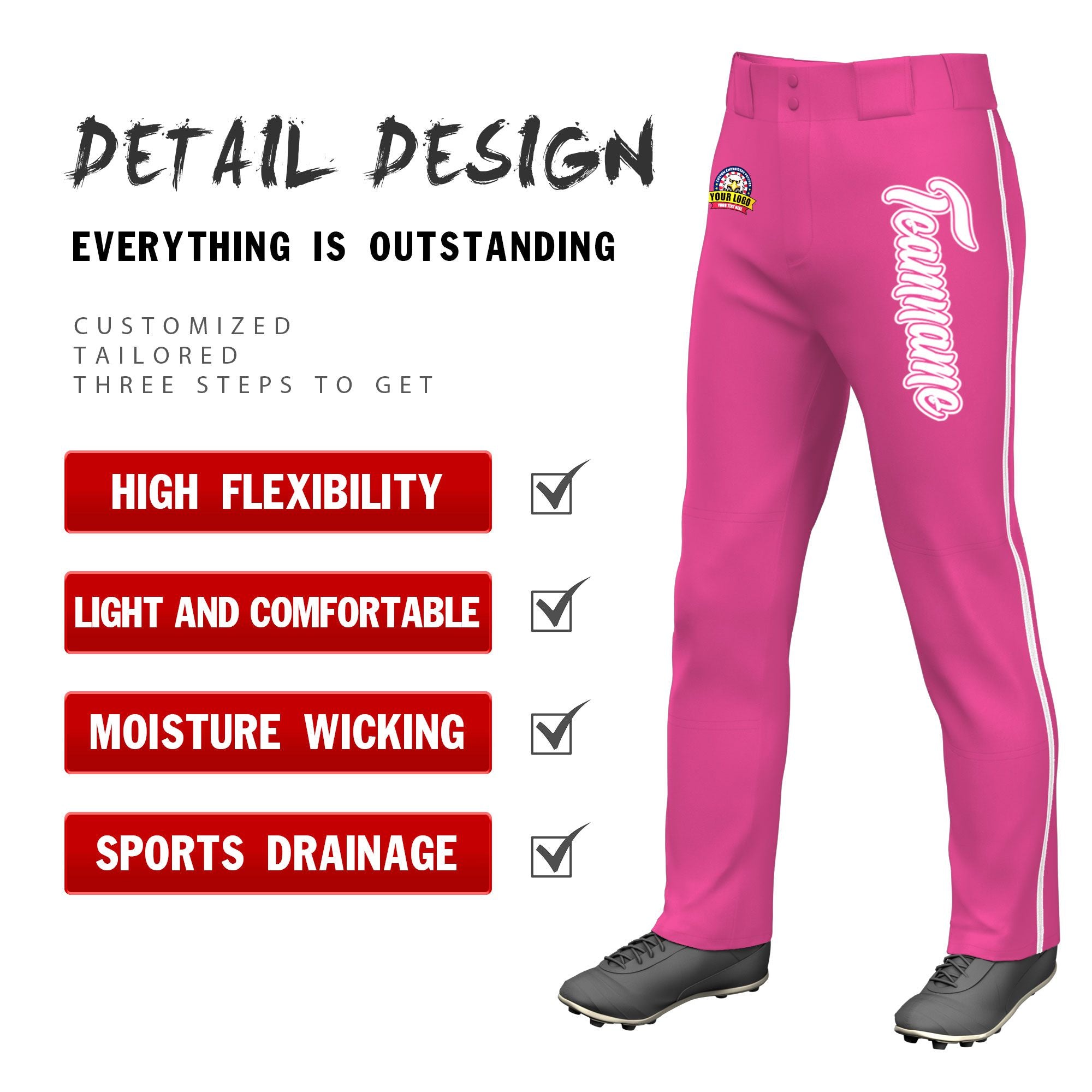 Custom Pink White Classic Fit Stretch Practice Loose-fit Baseball Pants