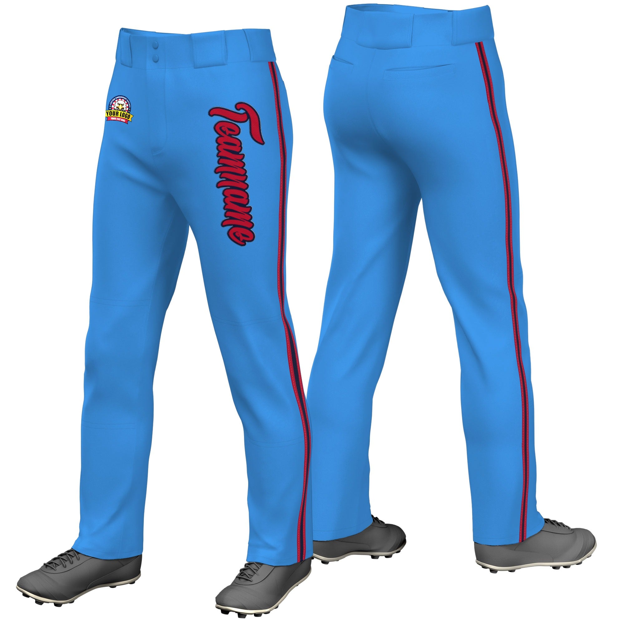 Custom Powder Blue Red Navy-Red Classic Fit Stretch Practice Loose-fit Baseball Pants