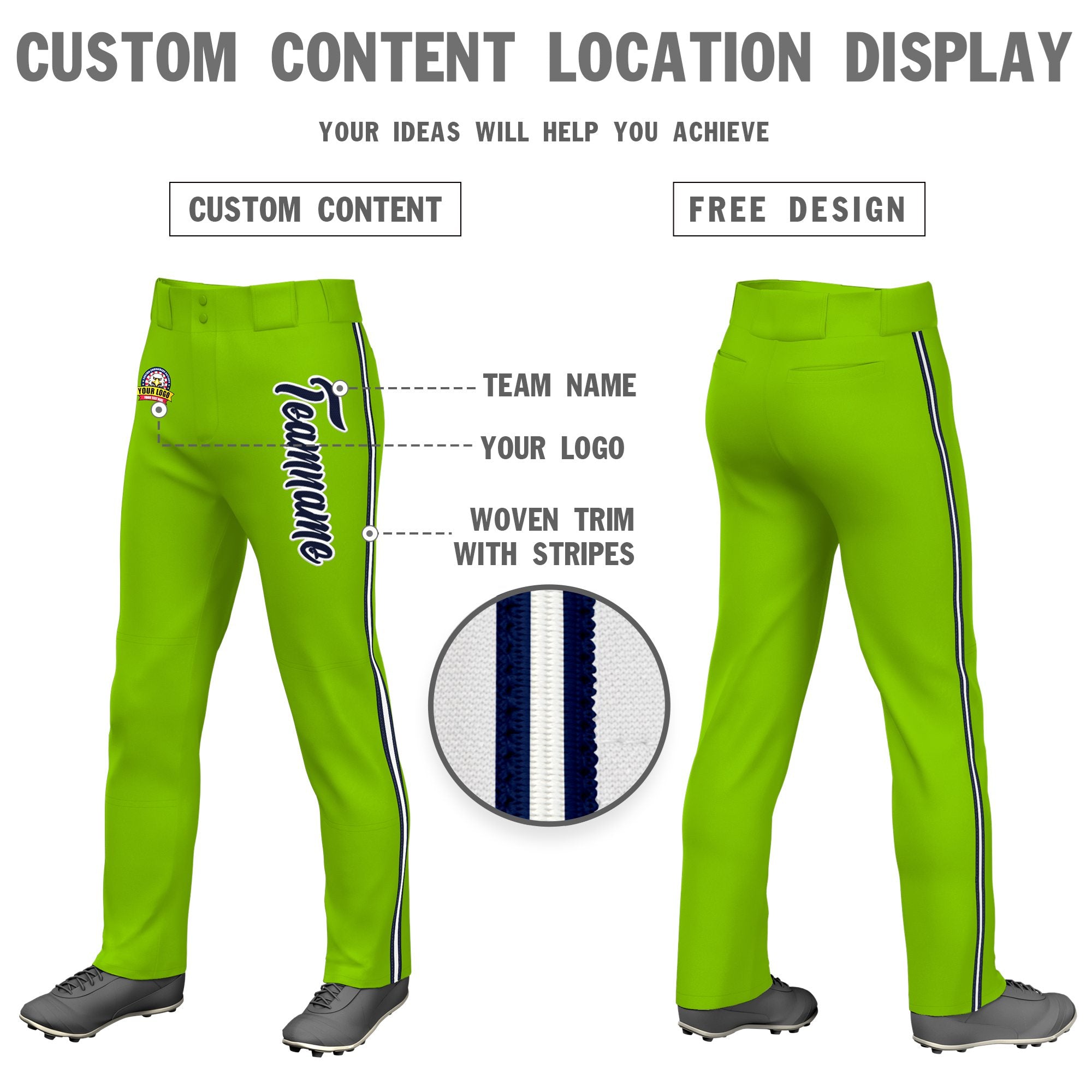 Custom Neon Green Navy White-Navy Classic Fit Stretch Practice Loose-fit Baseball Pants