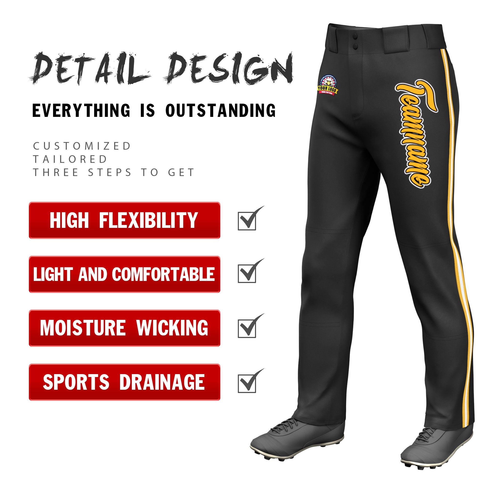 Custom Black Gold01 White-Gold01 Classic Fit Stretch Practice Loose-fit Baseball Pants