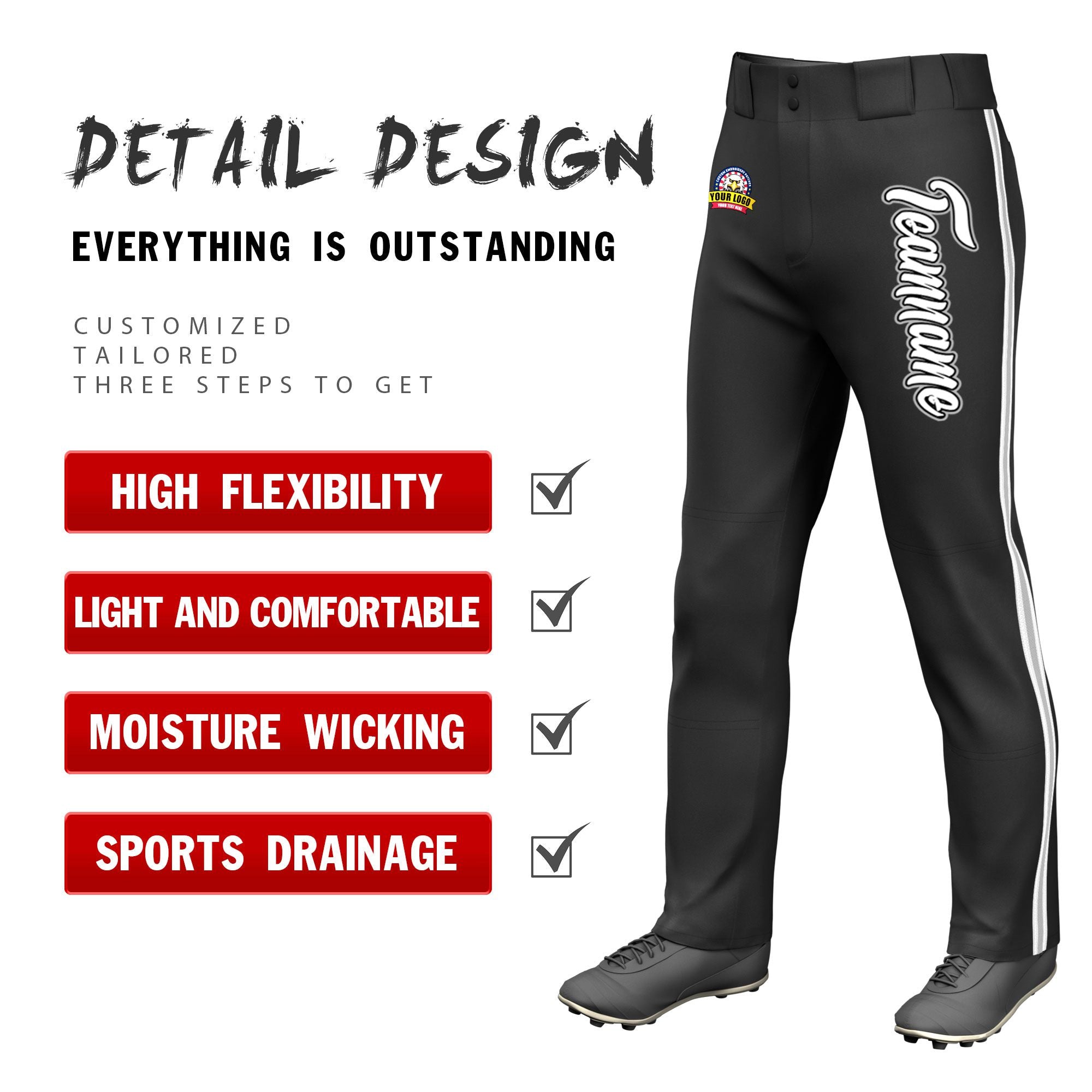 Custom Black White Gray-White Classic Fit Stretch Practice Loose-fit Baseball Pants