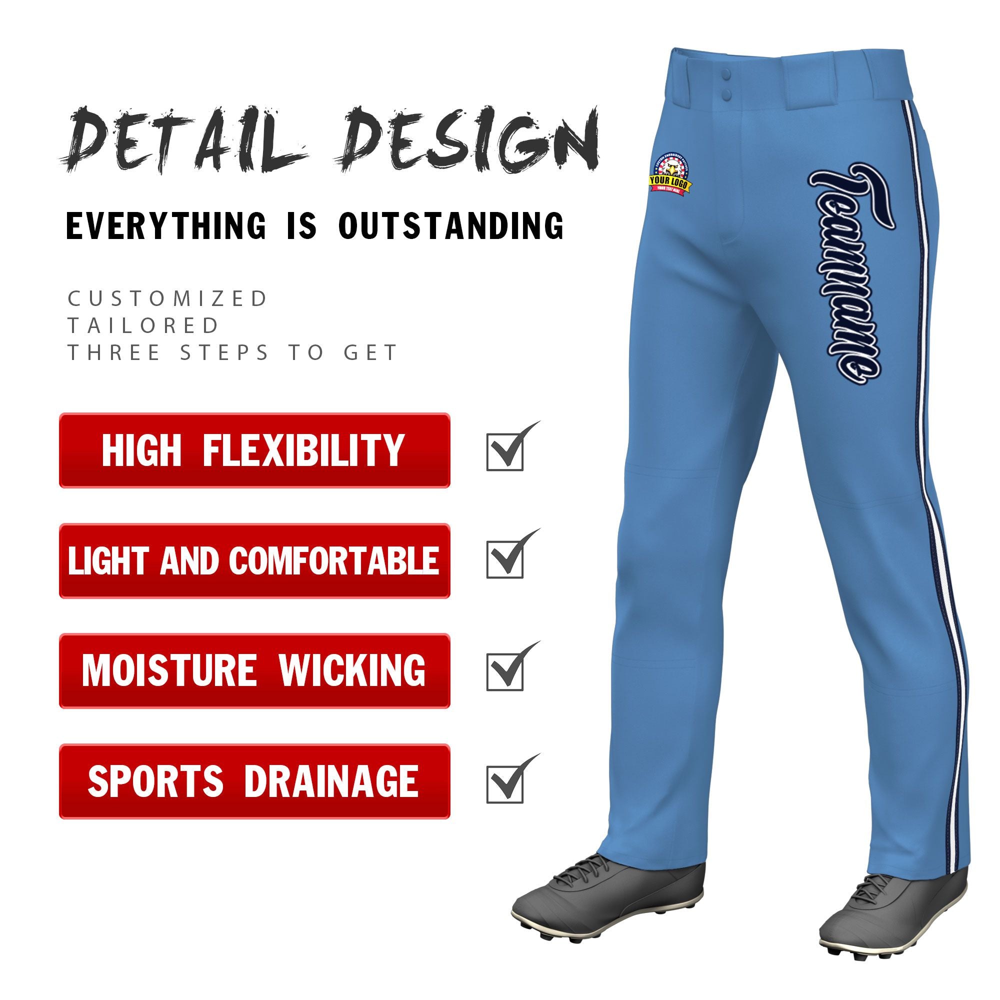 Custom Light Blue Navy White-Navy Classic Fit Stretch Practice Loose-fit Baseball Pants