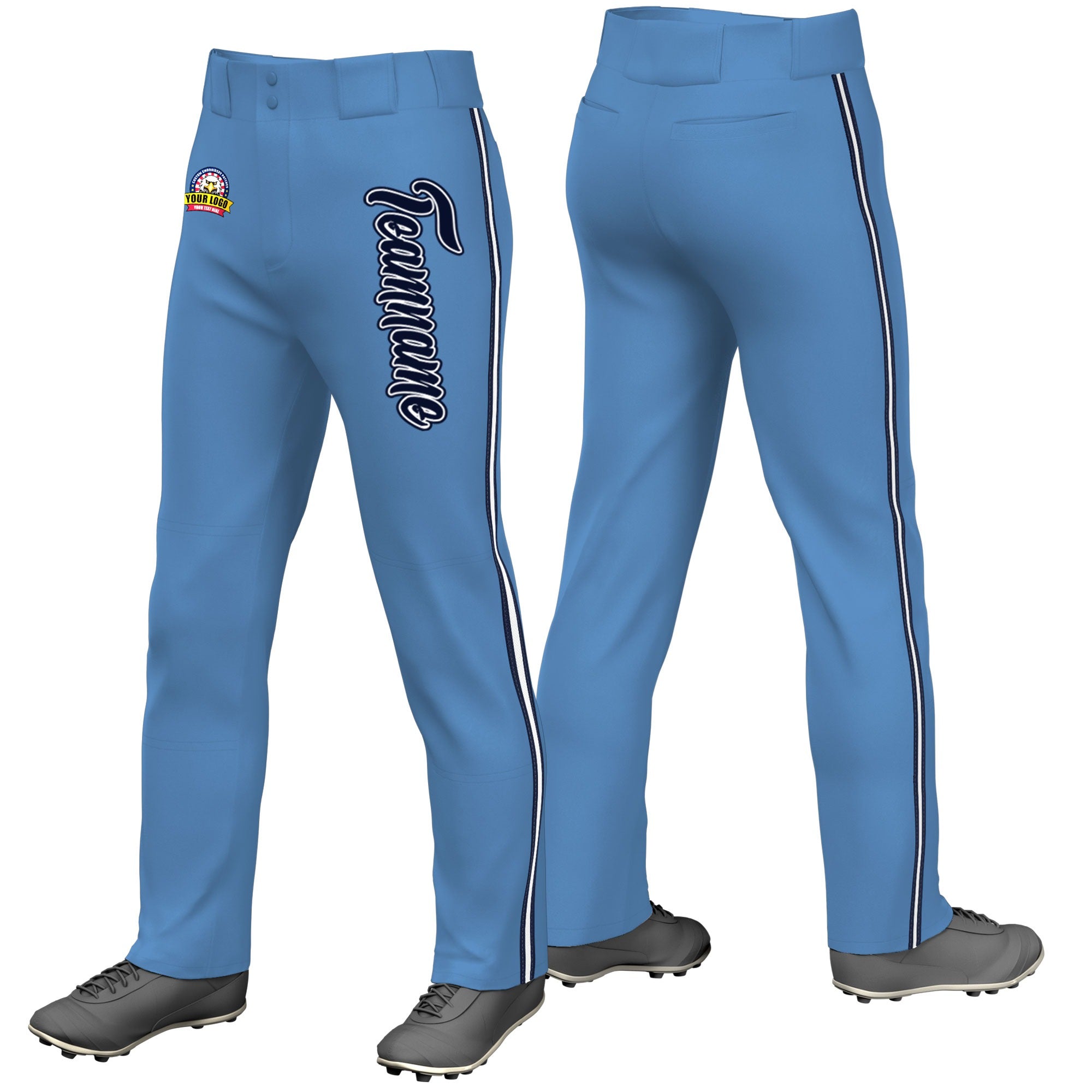 Custom Light Blue Navy White-Navy Classic Fit Stretch Practice Loose-fit Baseball Pants