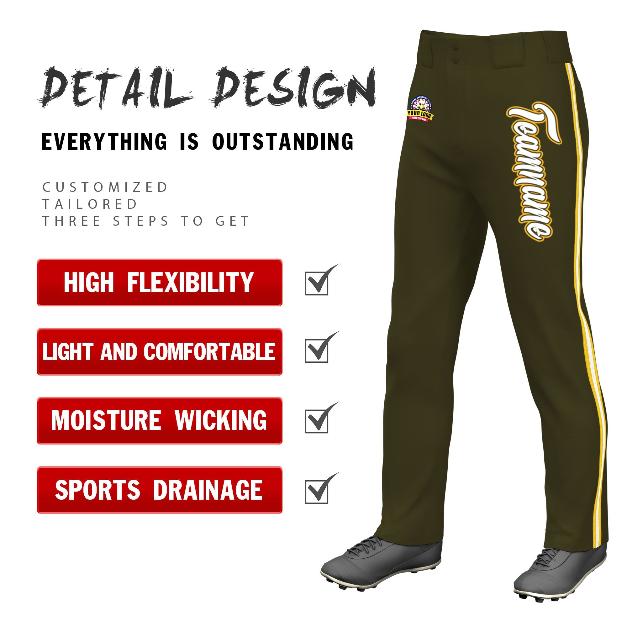 Custom Olive Gold01 White-Gold01 Classic Fit Stretch Practice Loose-fit Baseball Pants