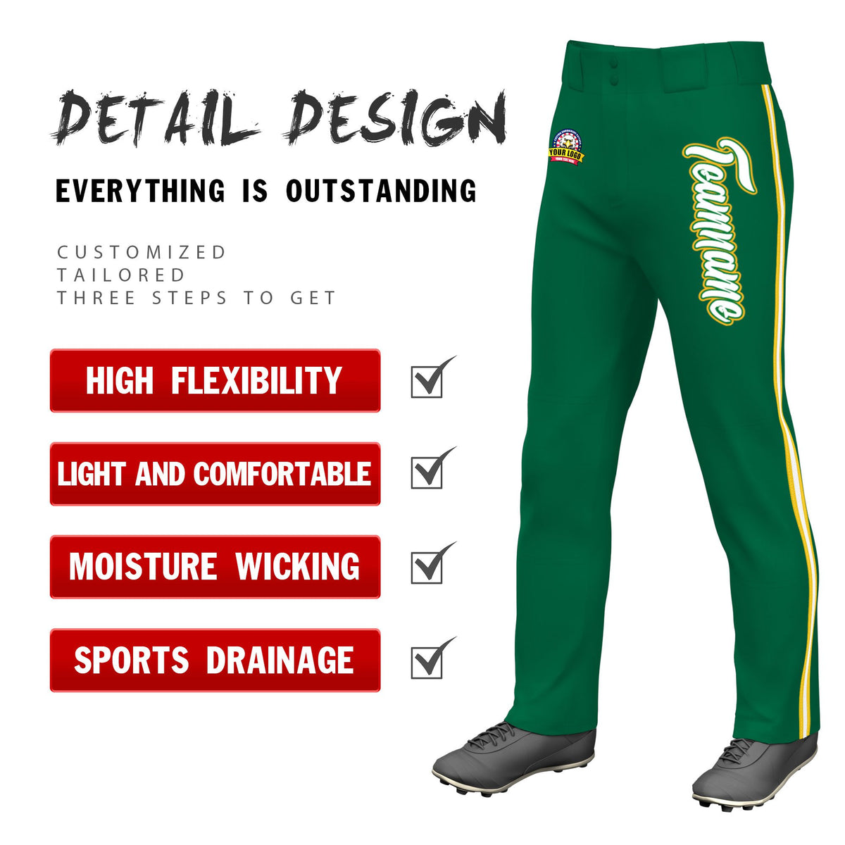 Custom Kelly Green Gold01 White-Gold01 Classic Fit Stretch Practice Loose-fit Baseball Pants