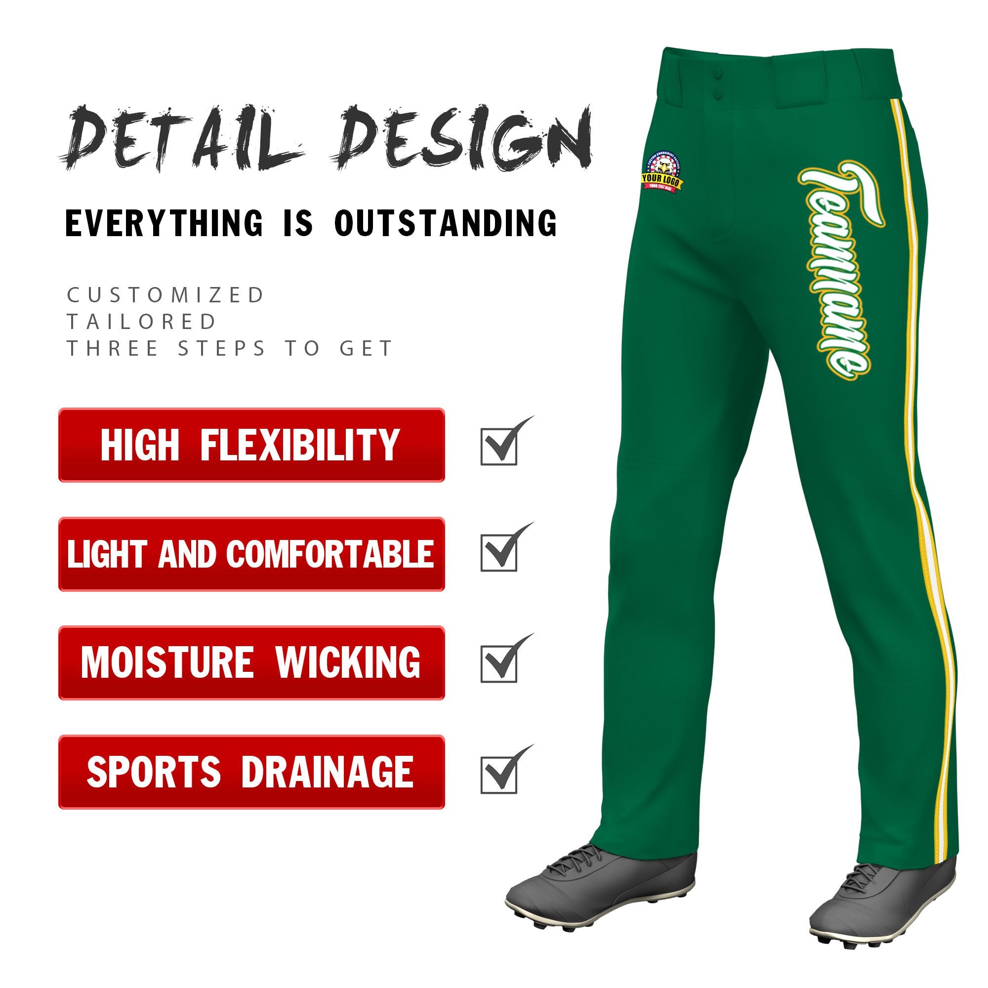 Custom Kelly Green Gold01 White-Gold01 Classic Fit Stretch Practice Loose-fit Baseball Pants