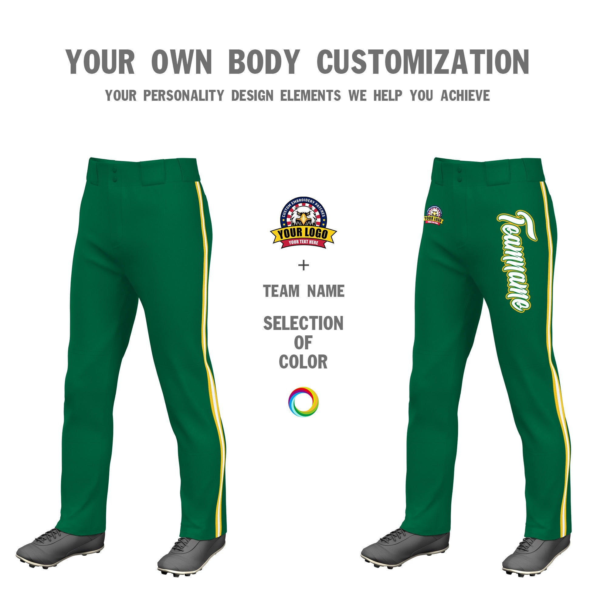 Custom Kelly Green Gold01 White-Gold01 Classic Fit Stretch Practice Loose-fit Baseball Pants