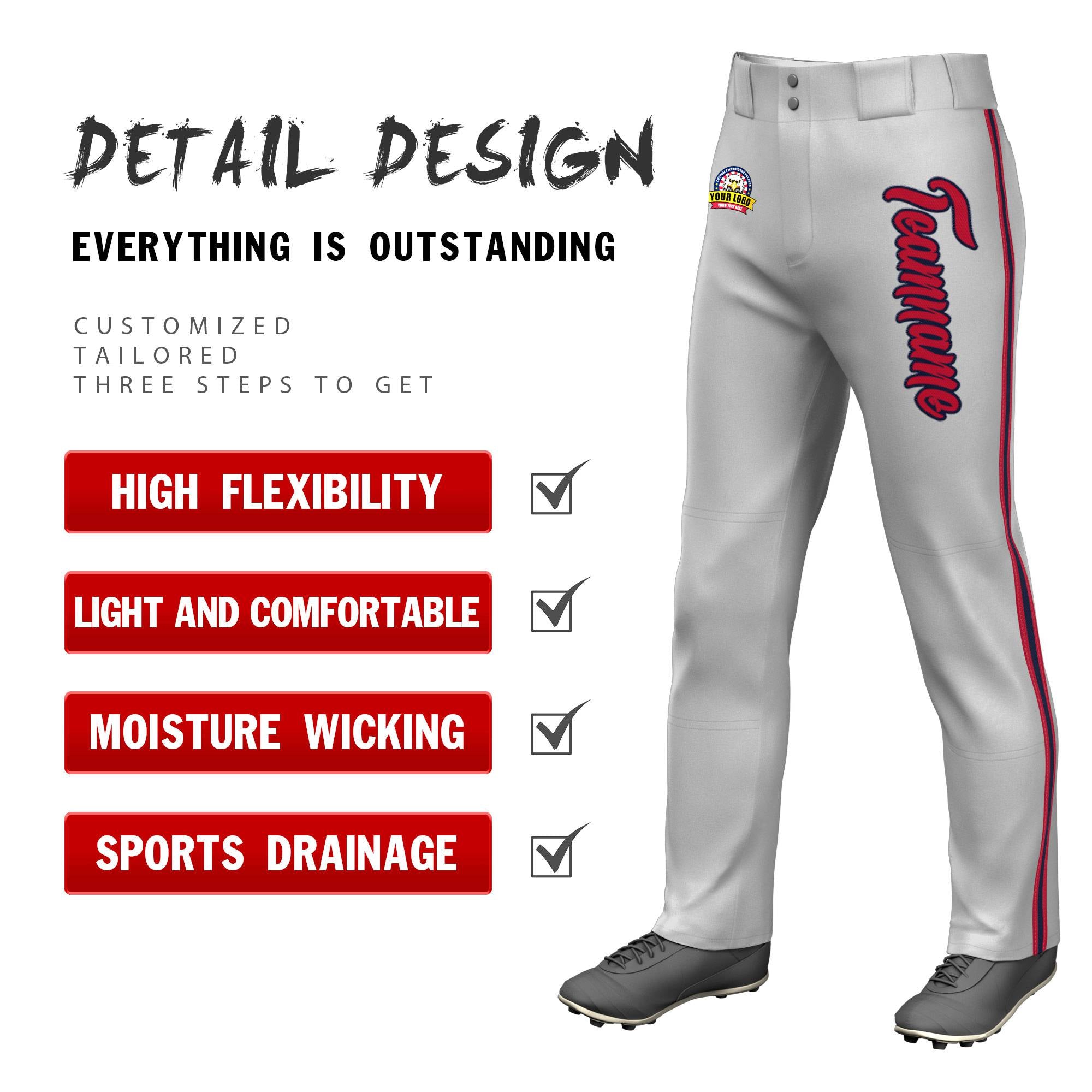 Custom Gray Red Navy-Red Classic Fit Stretch Practice Loose-fit Baseball Pants