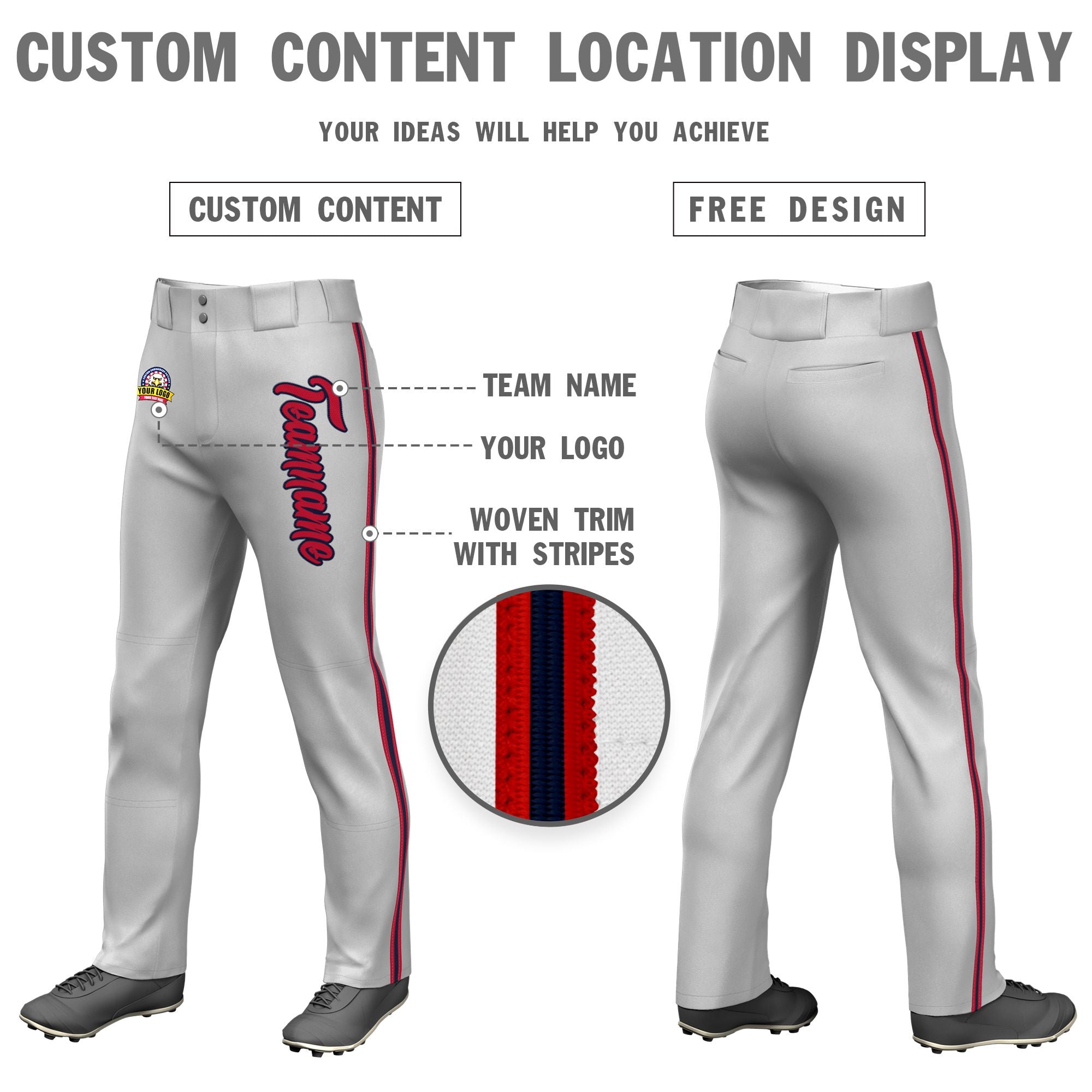 Custom Gray Red Navy-Red Classic Fit Stretch Practice Loose-fit Baseball Pants