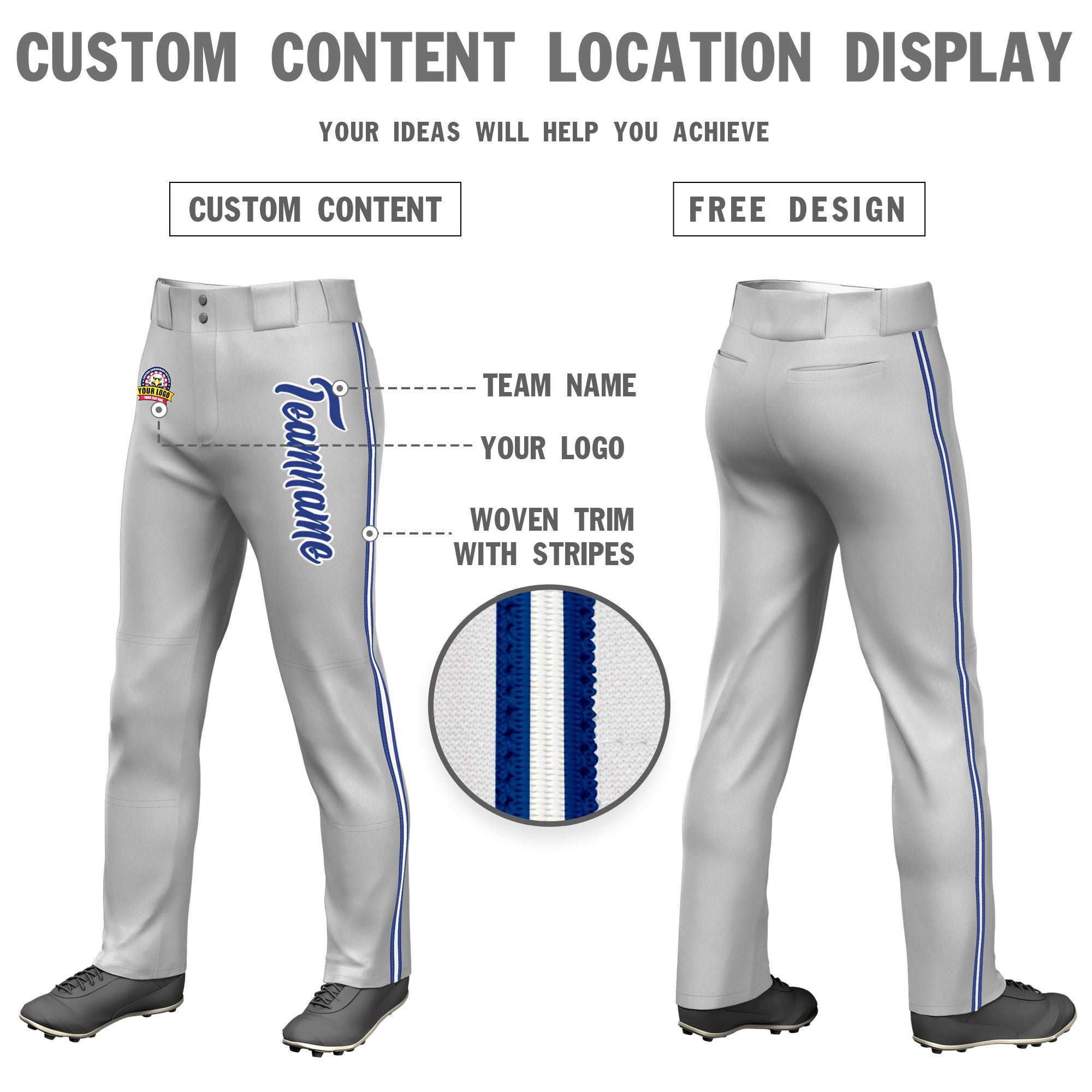 Custom Gray Royal Blue White-Royal Blue Classic Fit Stretch Practice Loose-fit Baseball Pants