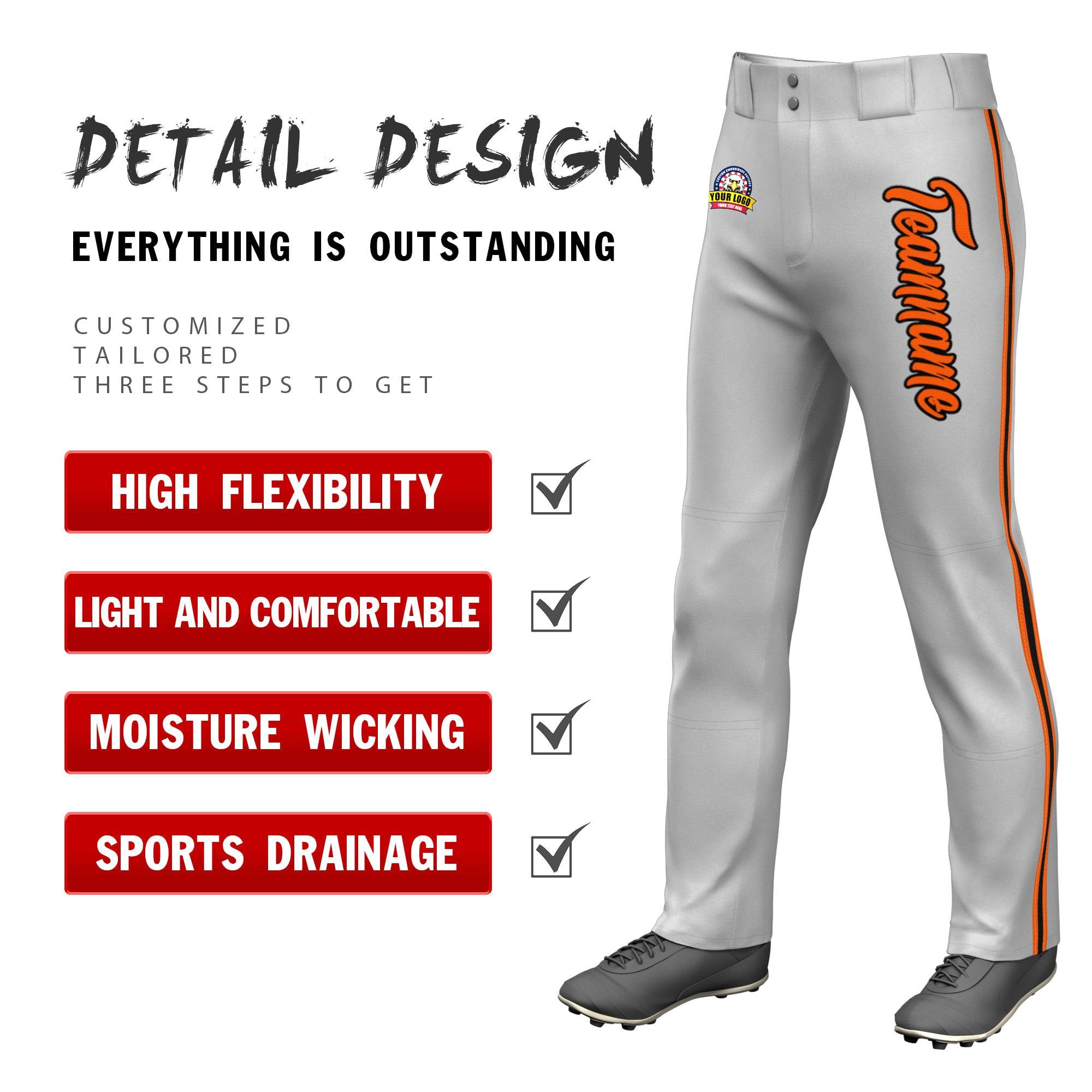 Custom Gray Orange Black-Orange Classic Fit Stretch Practice Loose-fit Baseball Pants