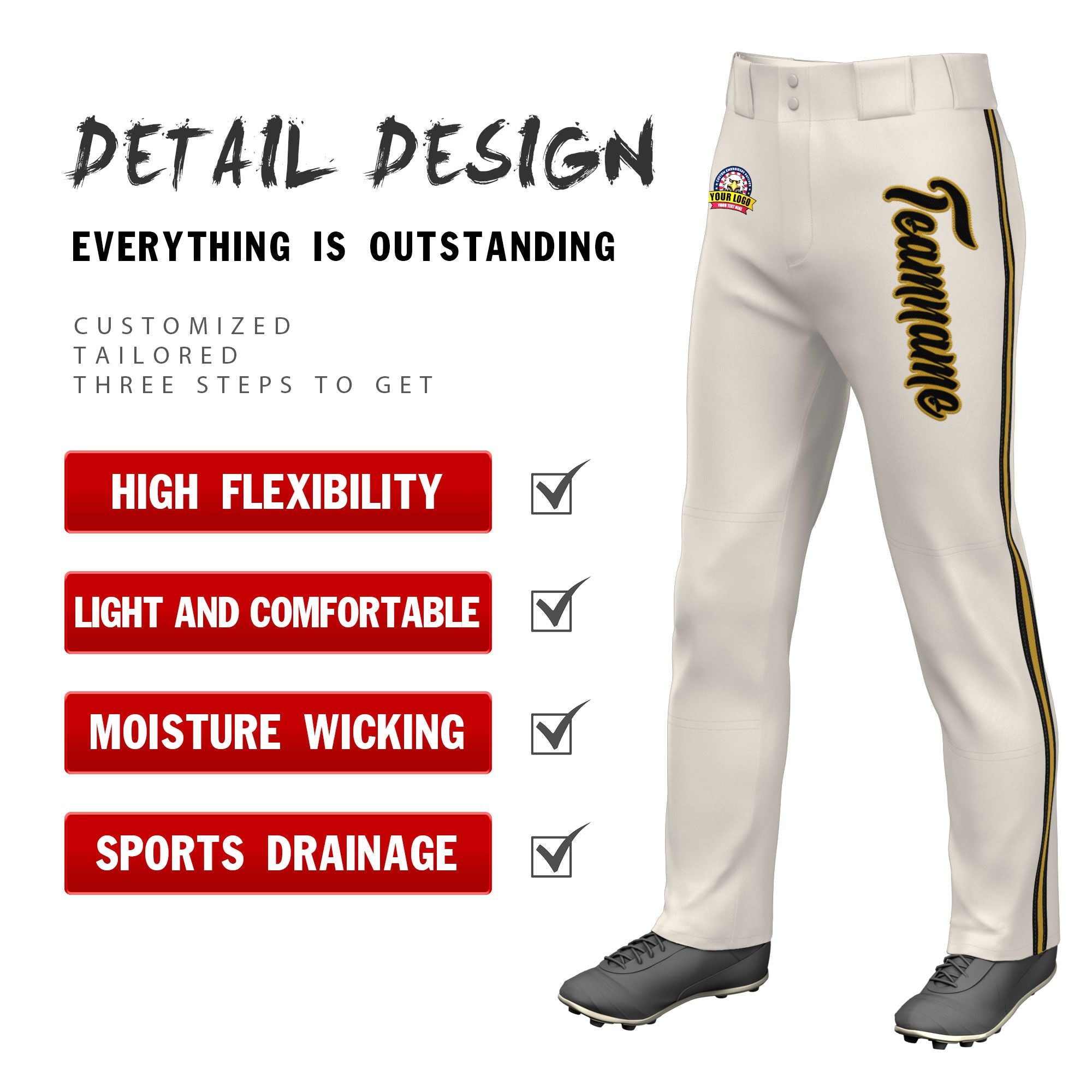 Custom Khaki Black Old Gold-Black Classic Fit Stretch Practice Loose-fit Baseball Pants