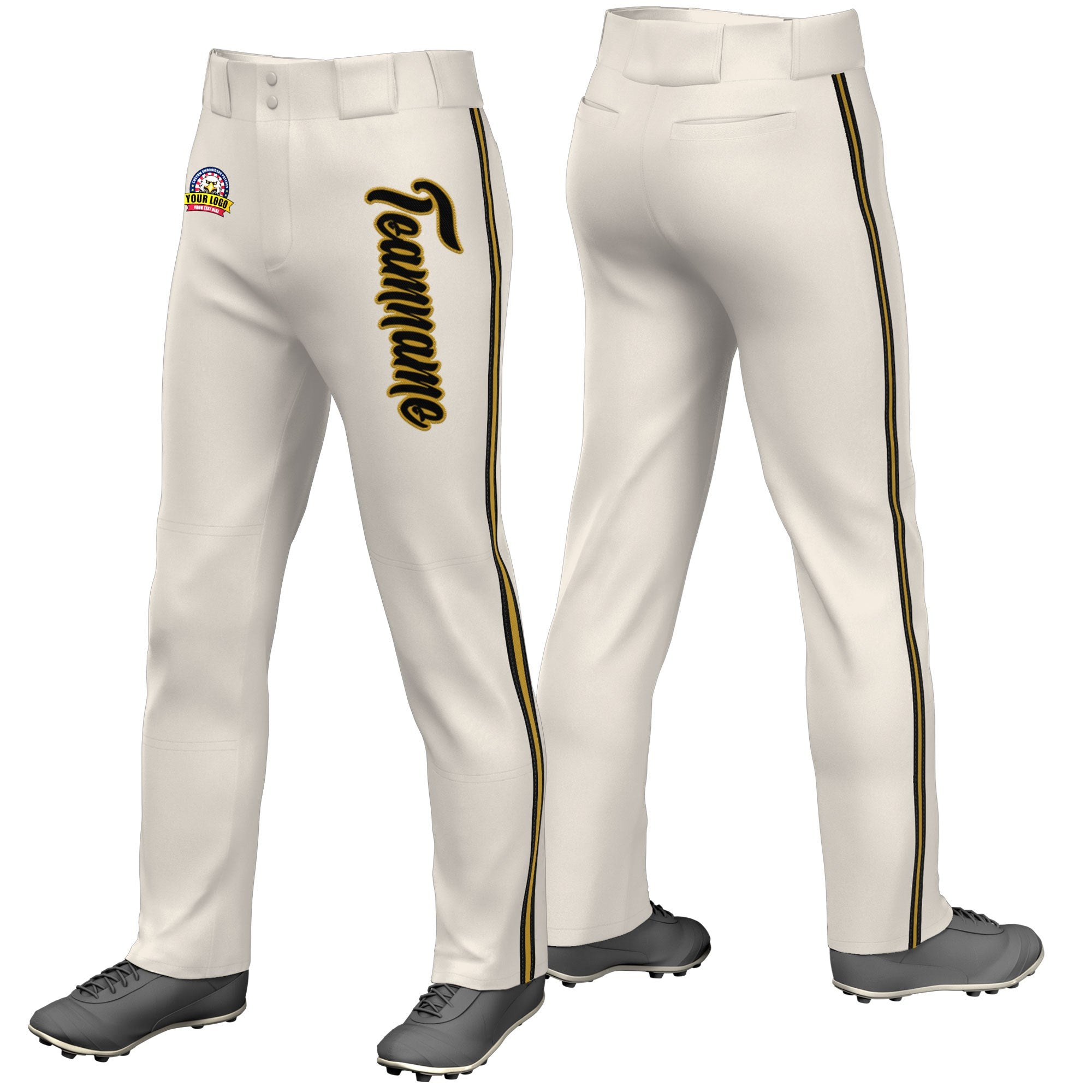 Custom Khaki Black Old Gold-Black Classic Fit Stretch Practice Loose-fit Baseball Pants