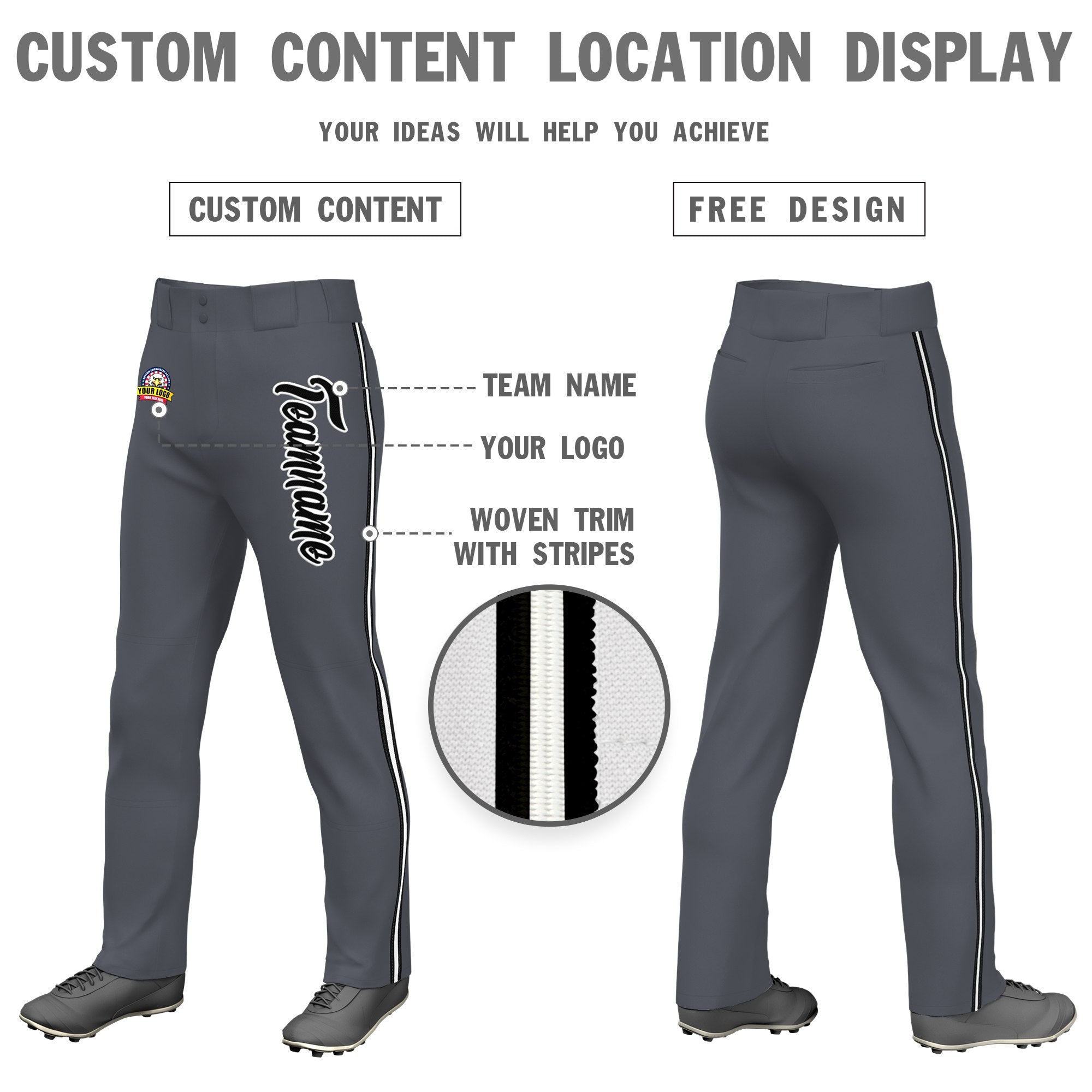 Custom Dark Gray Black White-Black Classic Fit Stretch Practice Loose-fit Baseball Pants