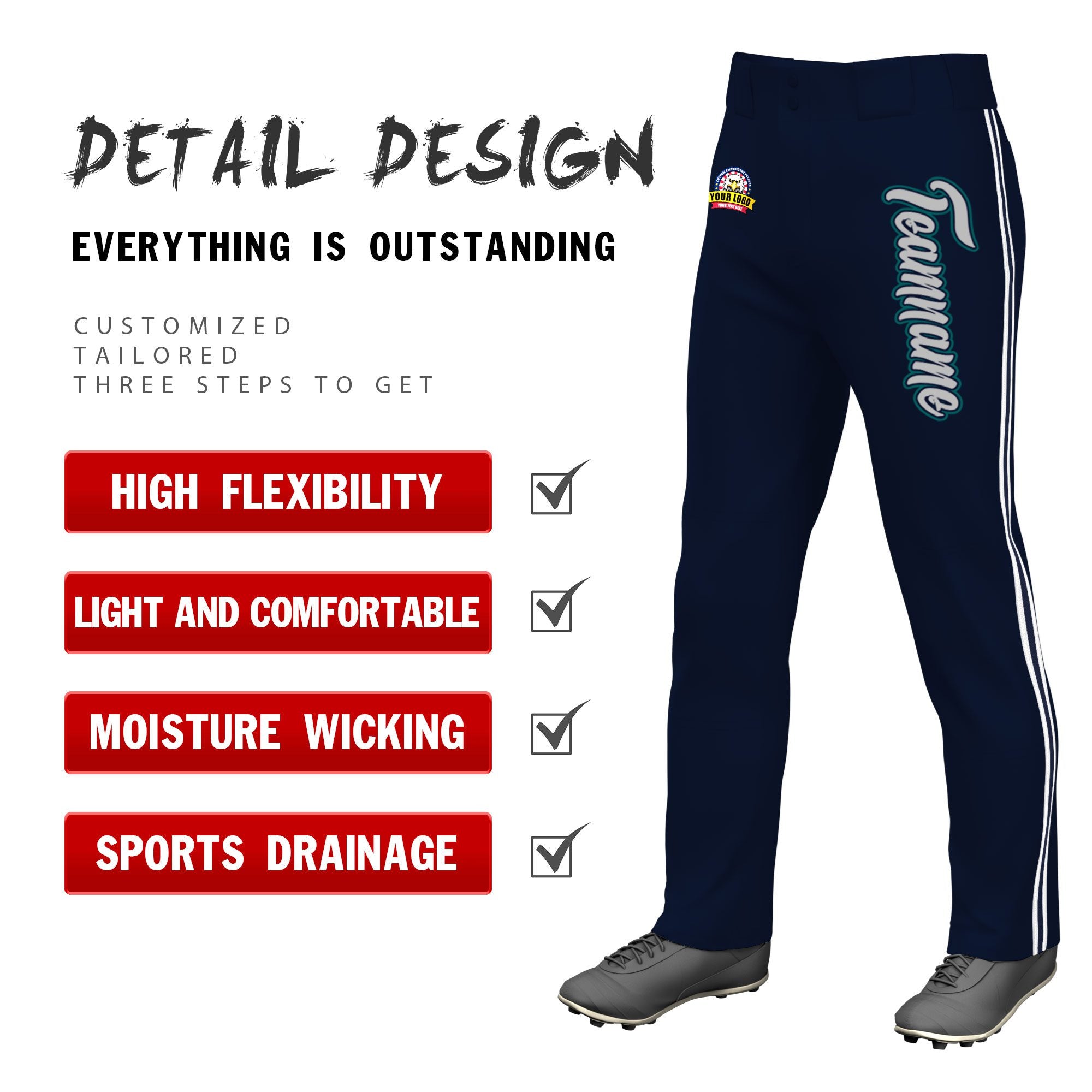 Custom Navy White Navy-White Classic Fit Stretch Practice Loose-fit Baseball Pants