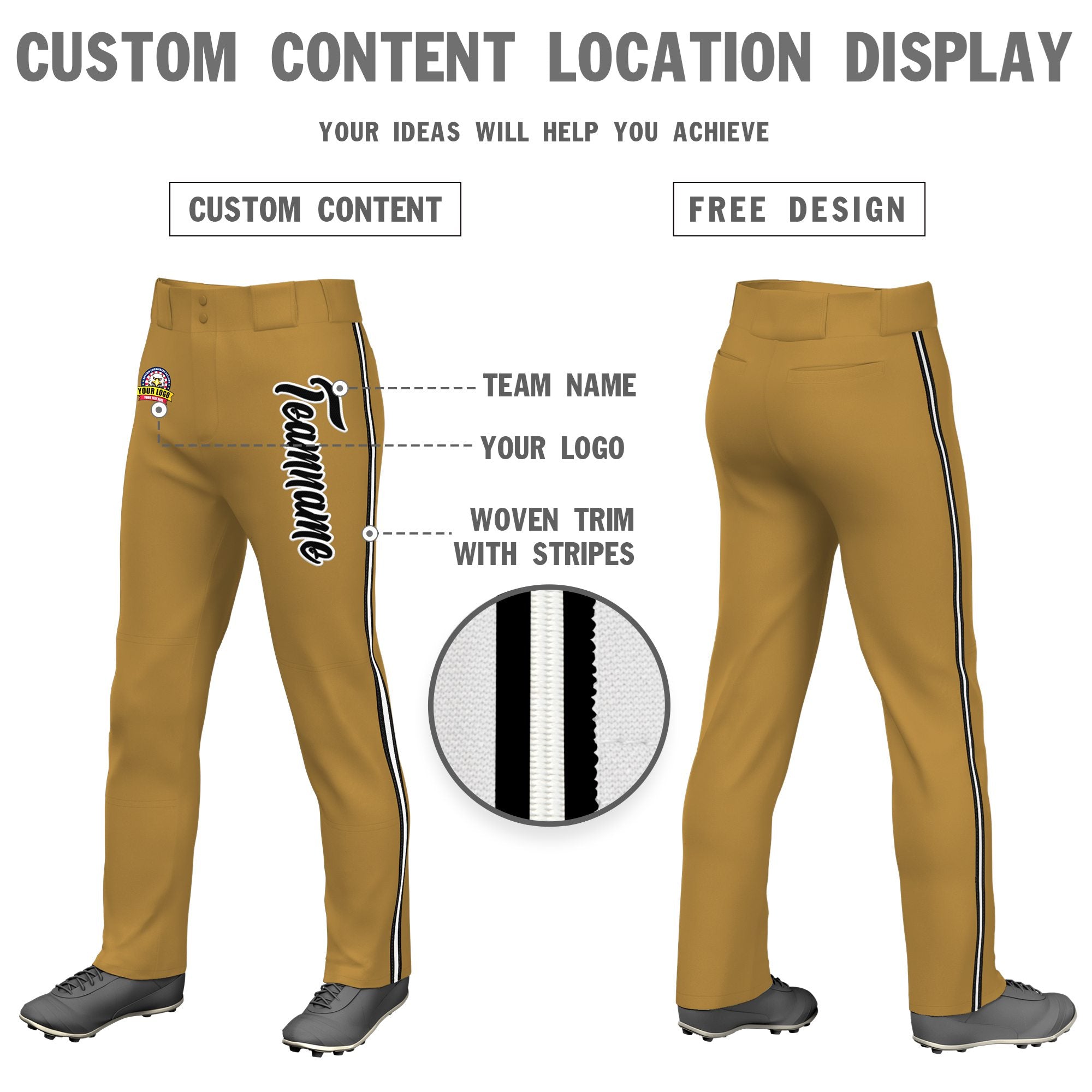 Custom Old Gold Black White-Black Classic Fit Stretch Practice Loose-fit Baseball Pants