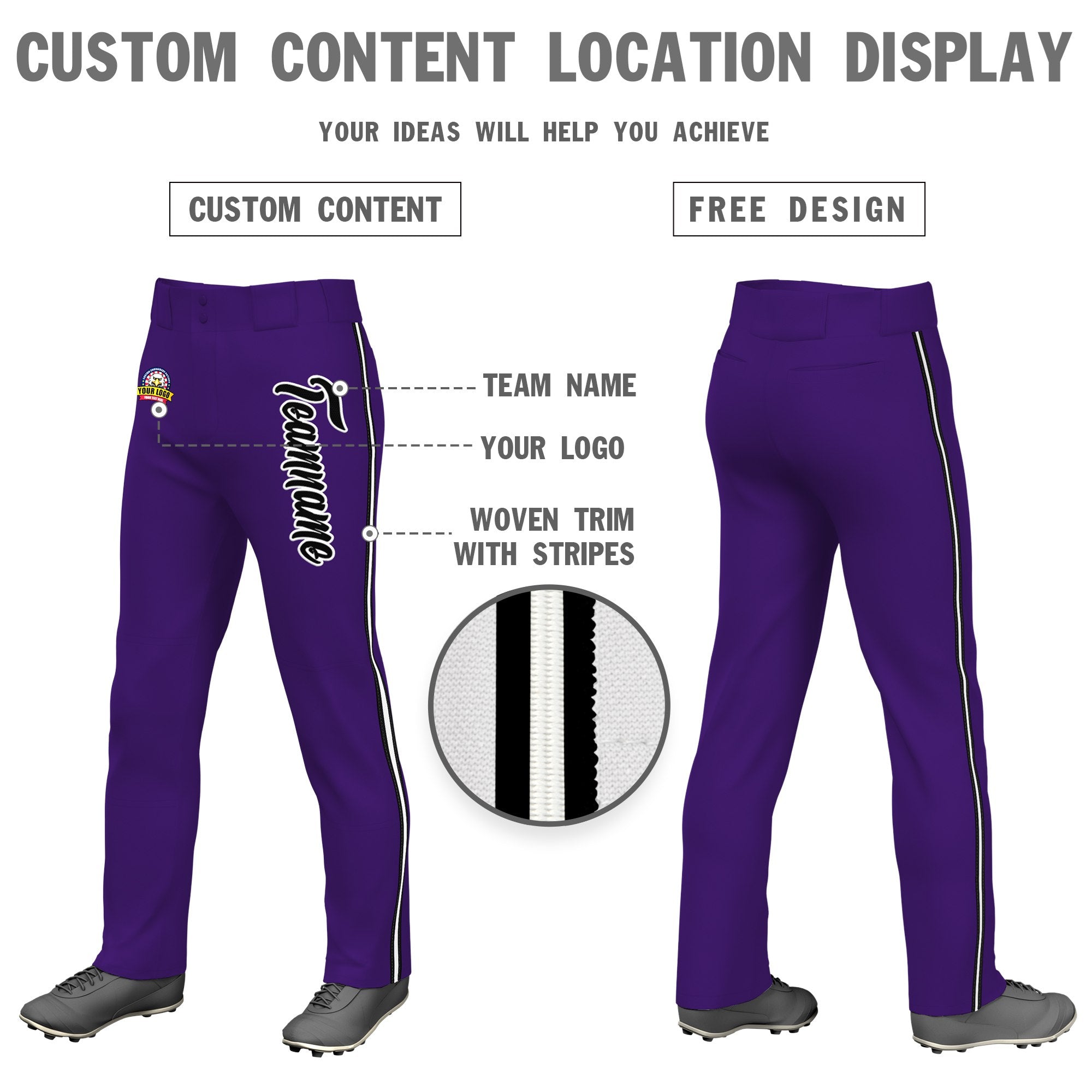 Custom Purple Black White-Black Classic Fit Stretch Practice Loose-fit Baseball Pants