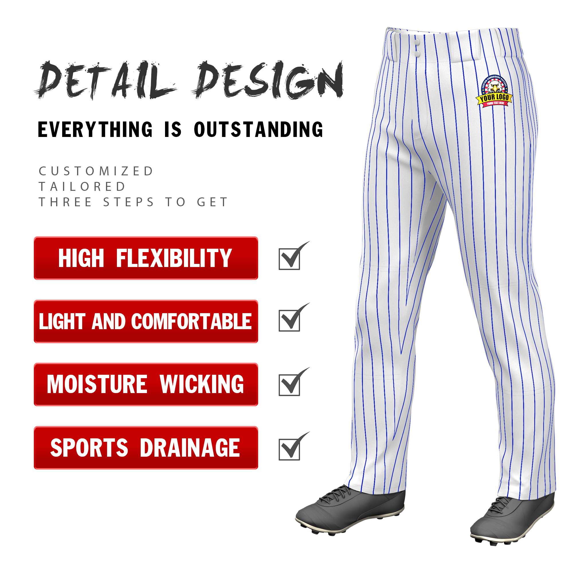 Custom White Royal Blue Pinstripe Fit Stretch Practice Loose-fit Baseball Pants