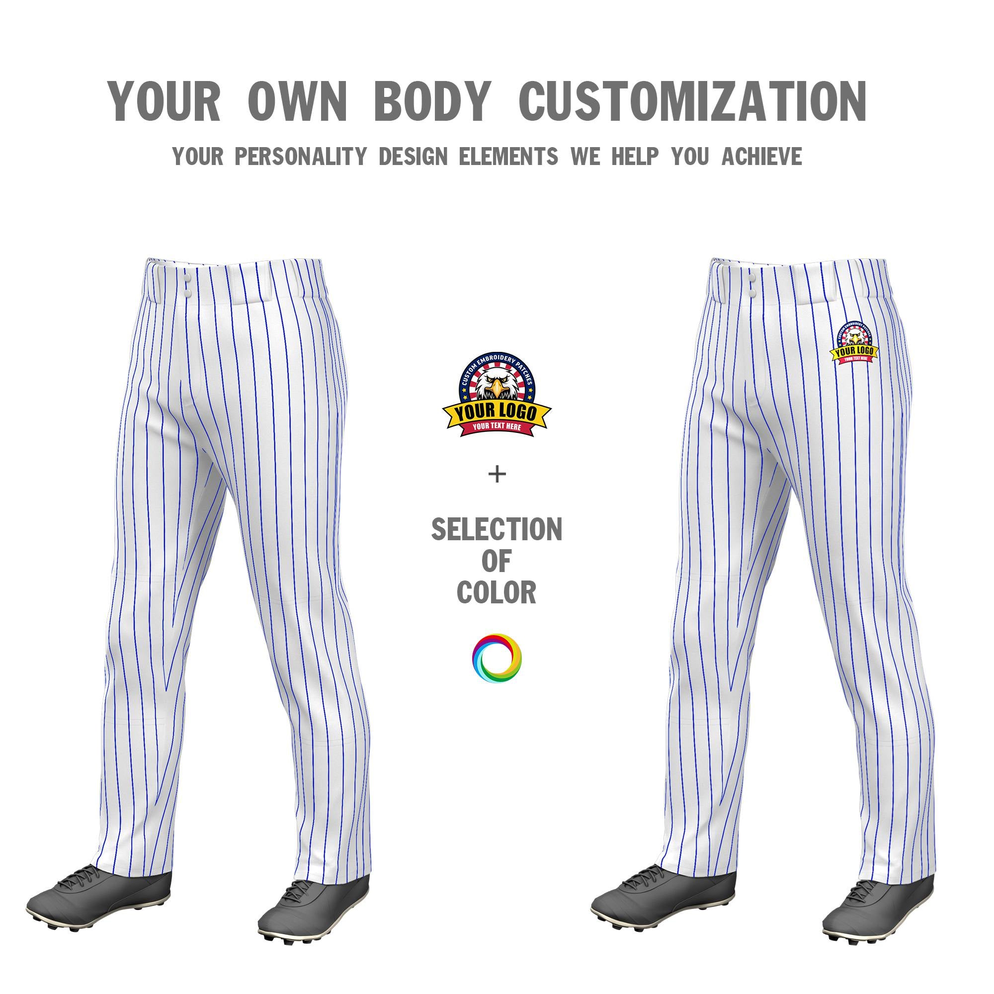 Custom White Royal Blue Pinstripe Fit Stretch Practice Loose-fit Baseball Pants