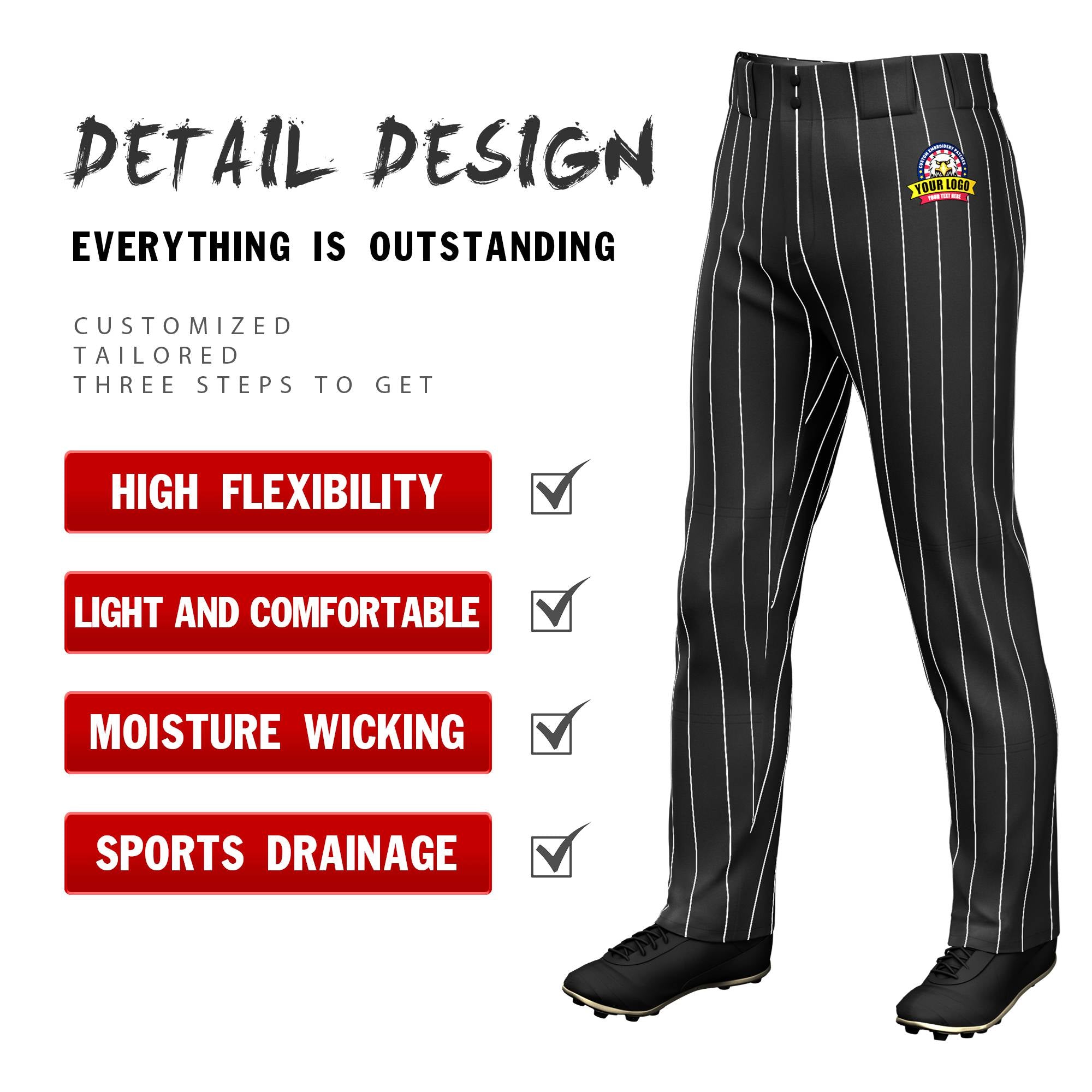 Custom Black White Pinstripe Fit Stretch Practice Loose-fit Baseball Pants