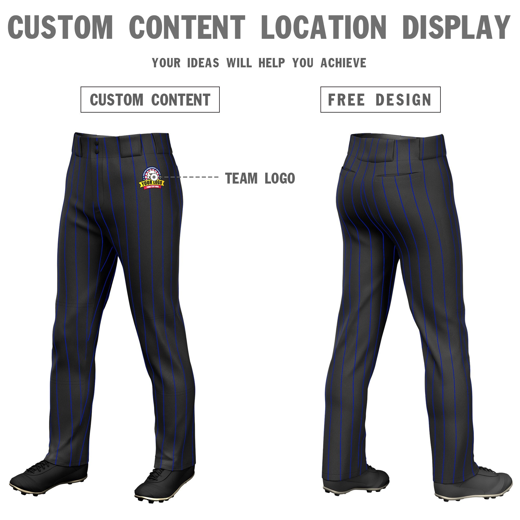 Custom Black Royal Blue Pinstripe Fit Stretch Practice Loose-fit Baseball Pants