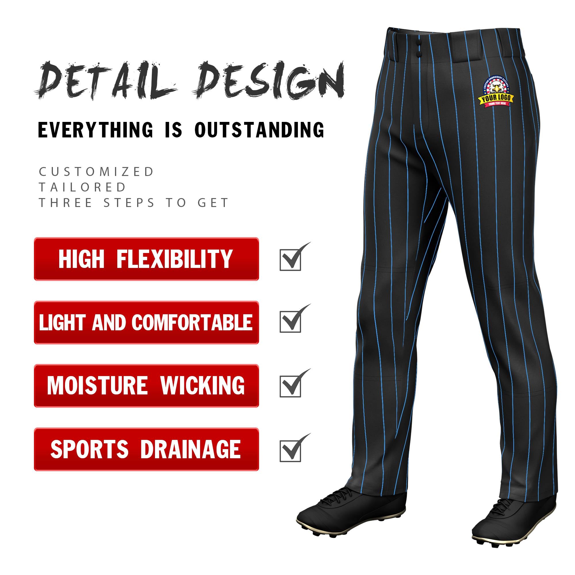 Custom Black Powder Blue Pinstripe Fit Stretch Practice Loose-fit Baseball Pants