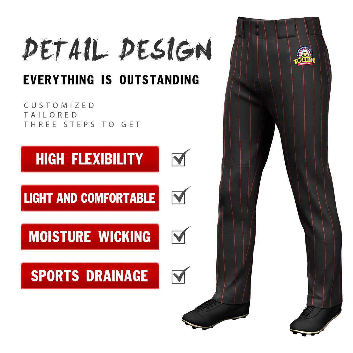 Custom Black Red Pinstripe Fit Stretch Practice Loose-fit Baseball Pants