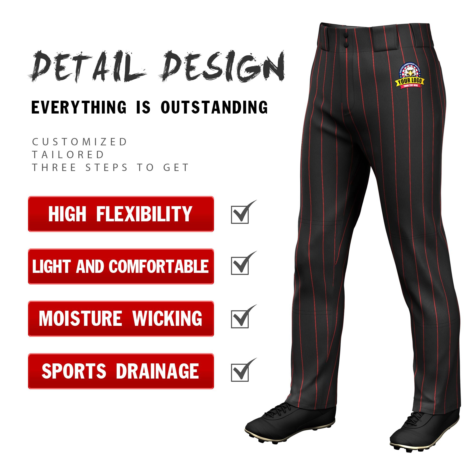 Custom Black Red Pinstripe Fit Stretch Practice Loose-fit Baseball Pants