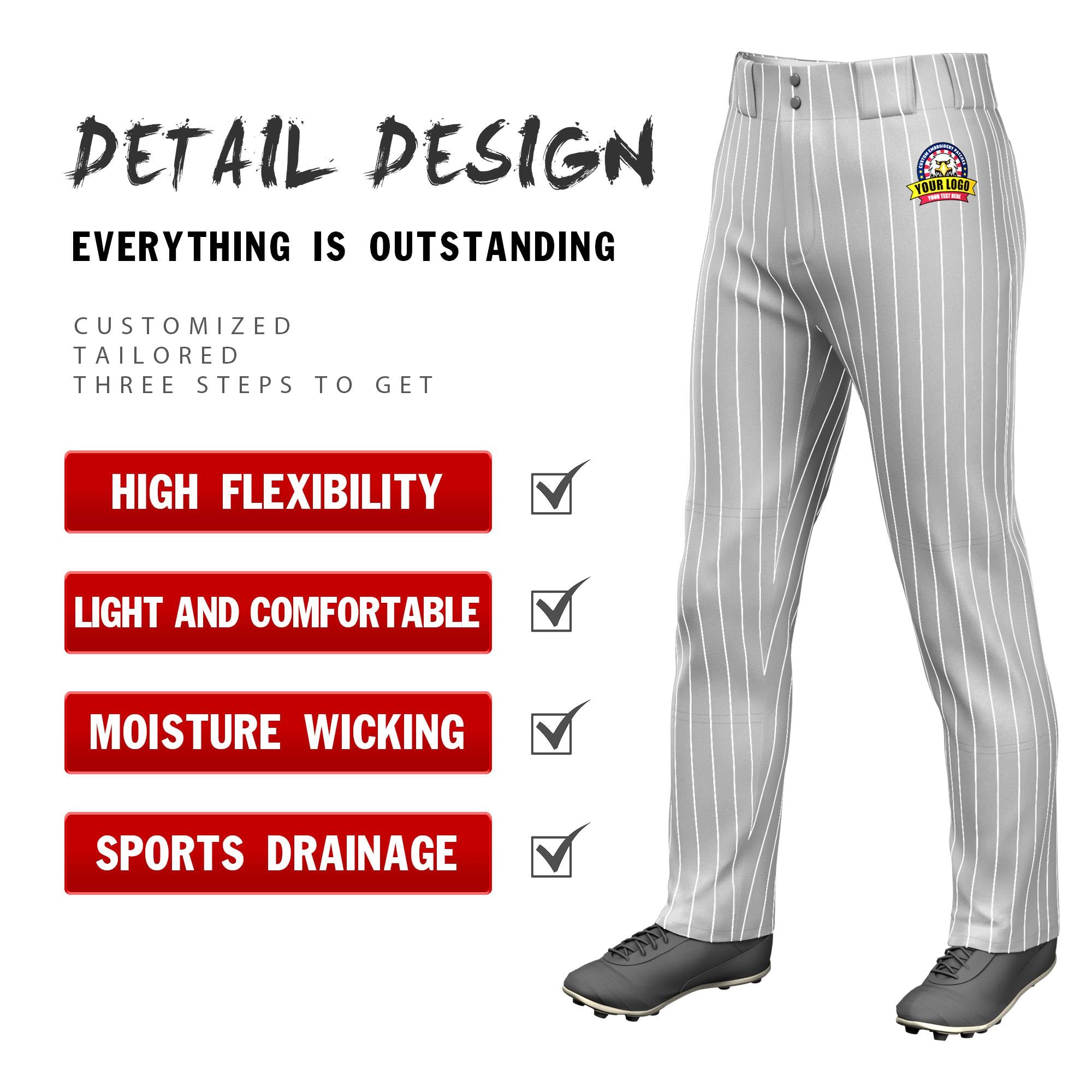 Custom Gray White Pinstripe Fit Stretch Practice Loose-fit Baseball Pants