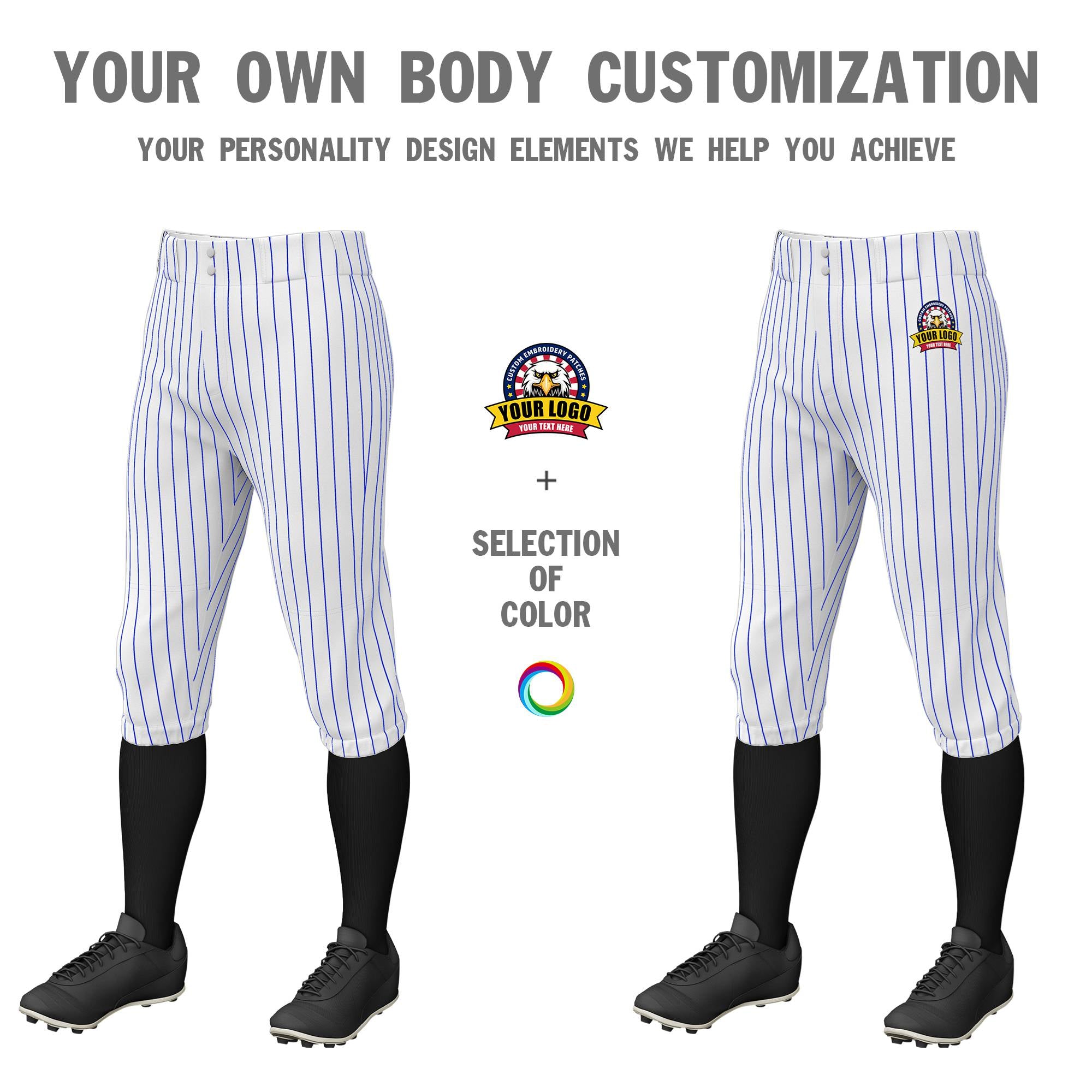 Custom White Royal Blue Pinstripe Fit Stretch Practice Knickers Baseball Pants