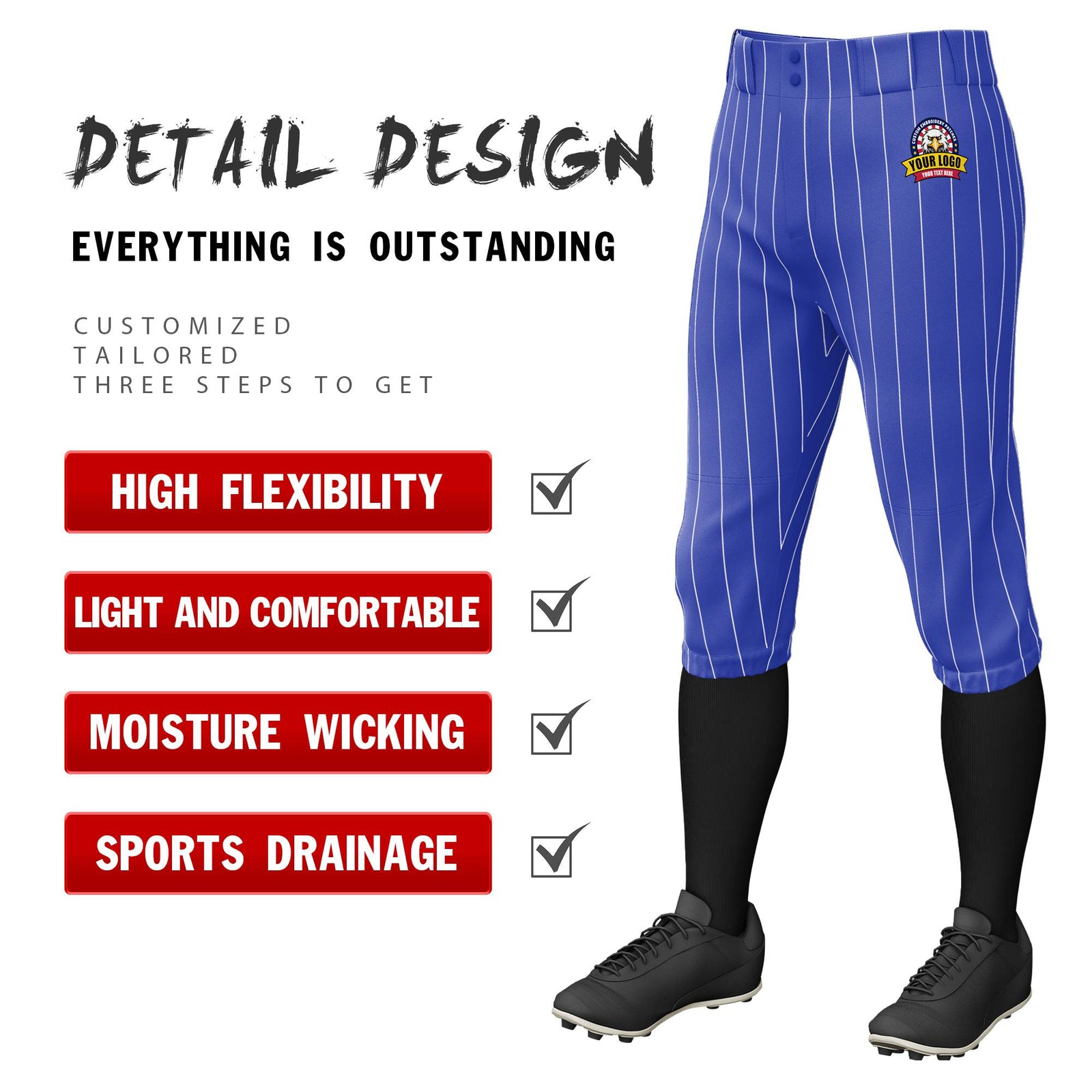Custom Royal Blue White Pinstripe Fit Stretch Practice Knickers Baseball Pants