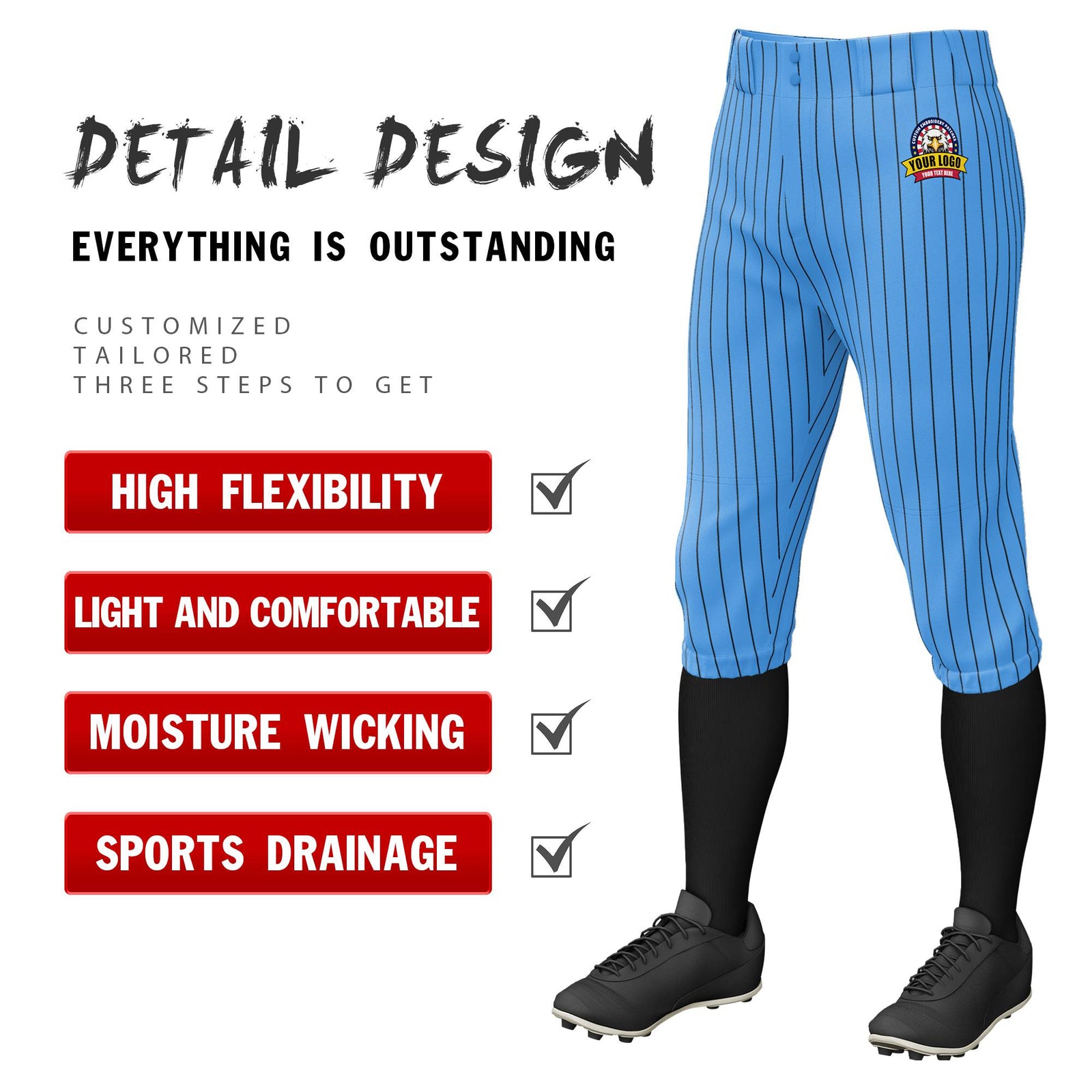 Custom Powder Blue Black Pinstripe Fit Stretch Practice Knickers Baseball Pants
