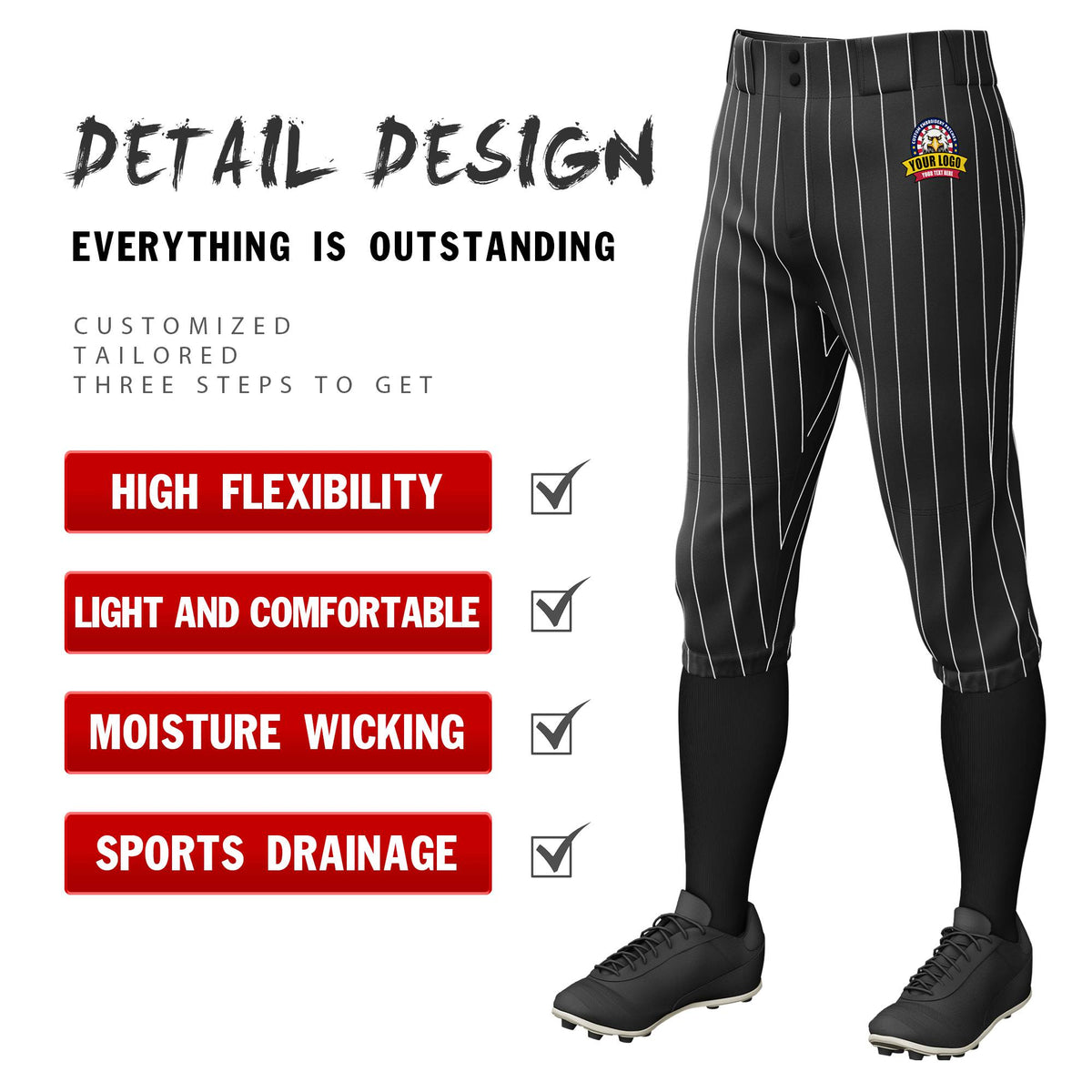 Custom Black White Pinstripe Fit Stretch Practice Knickers Baseball Pants