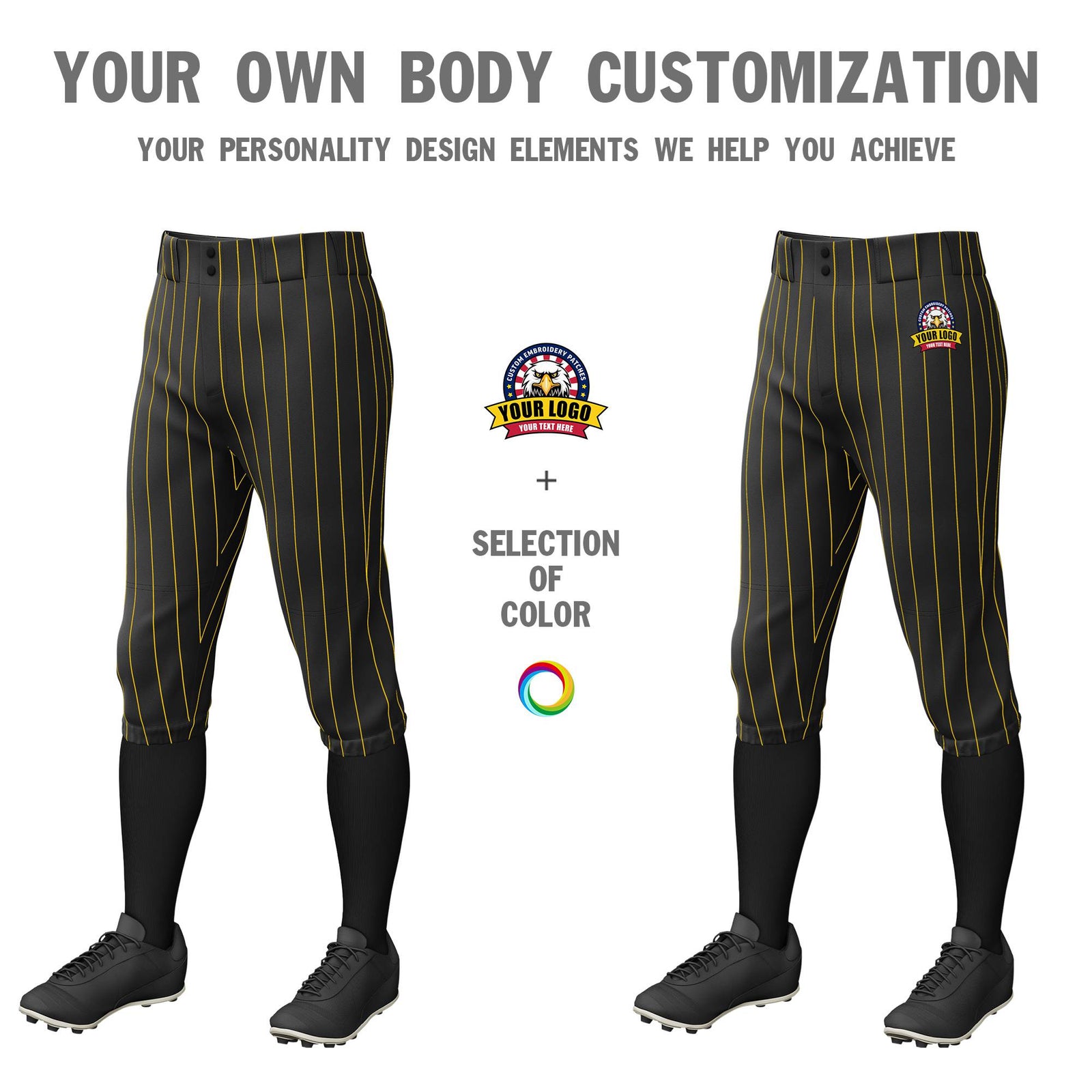 Custom Black Gold01 Pinstripe Fit Stretch Practice Knickers Baseball Pants
