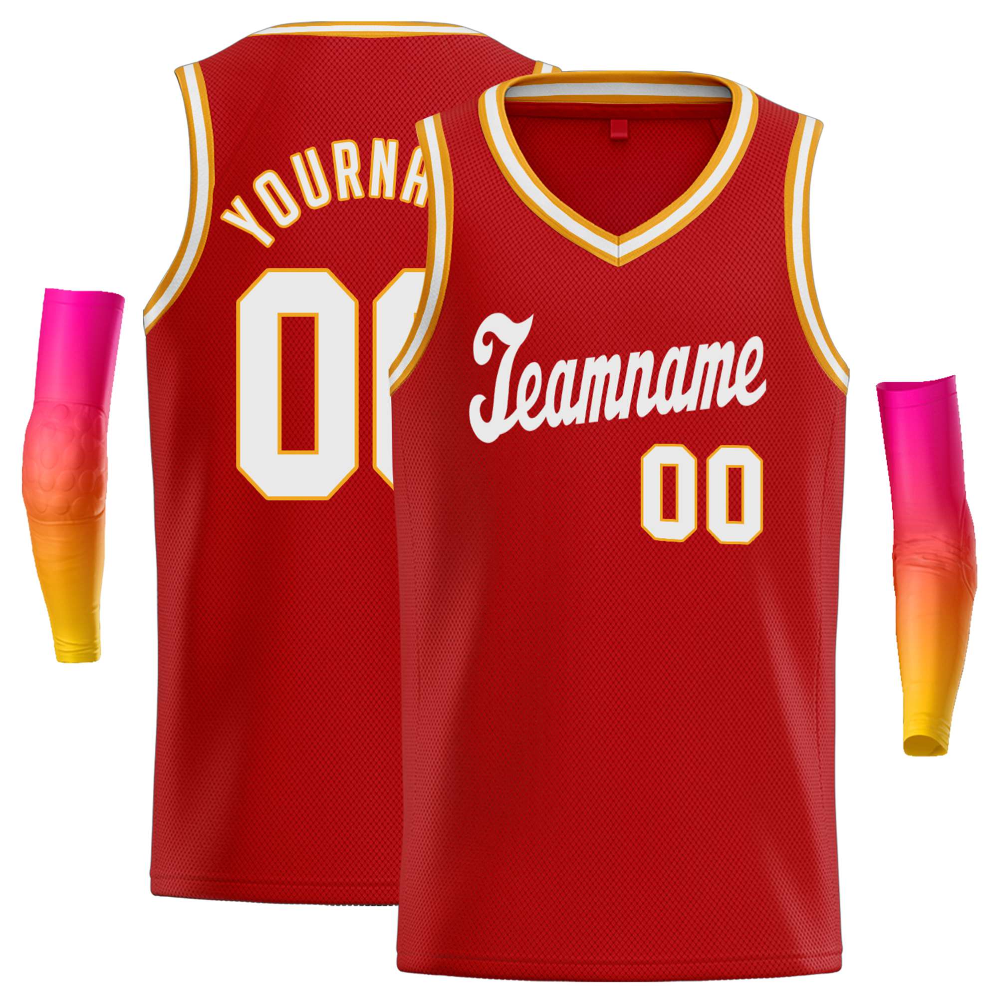 Custom Red Yellow-White Round Neck Rib-Knit Basketball Jersey