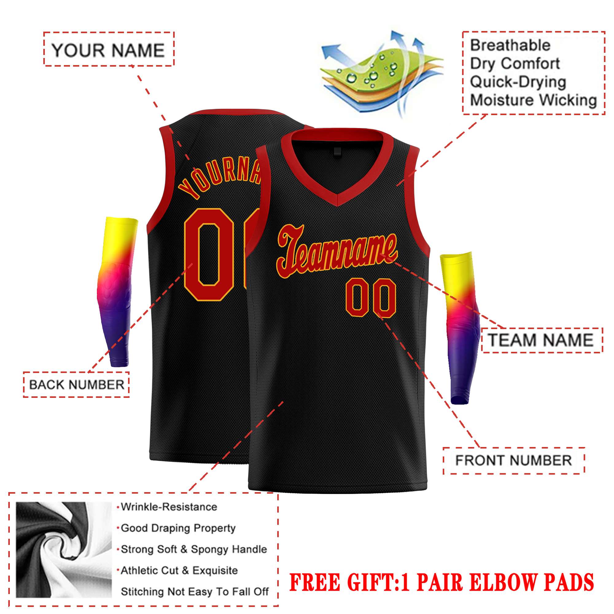 Custom Black Red Round Neck Rib-Knit Basketball Jersey