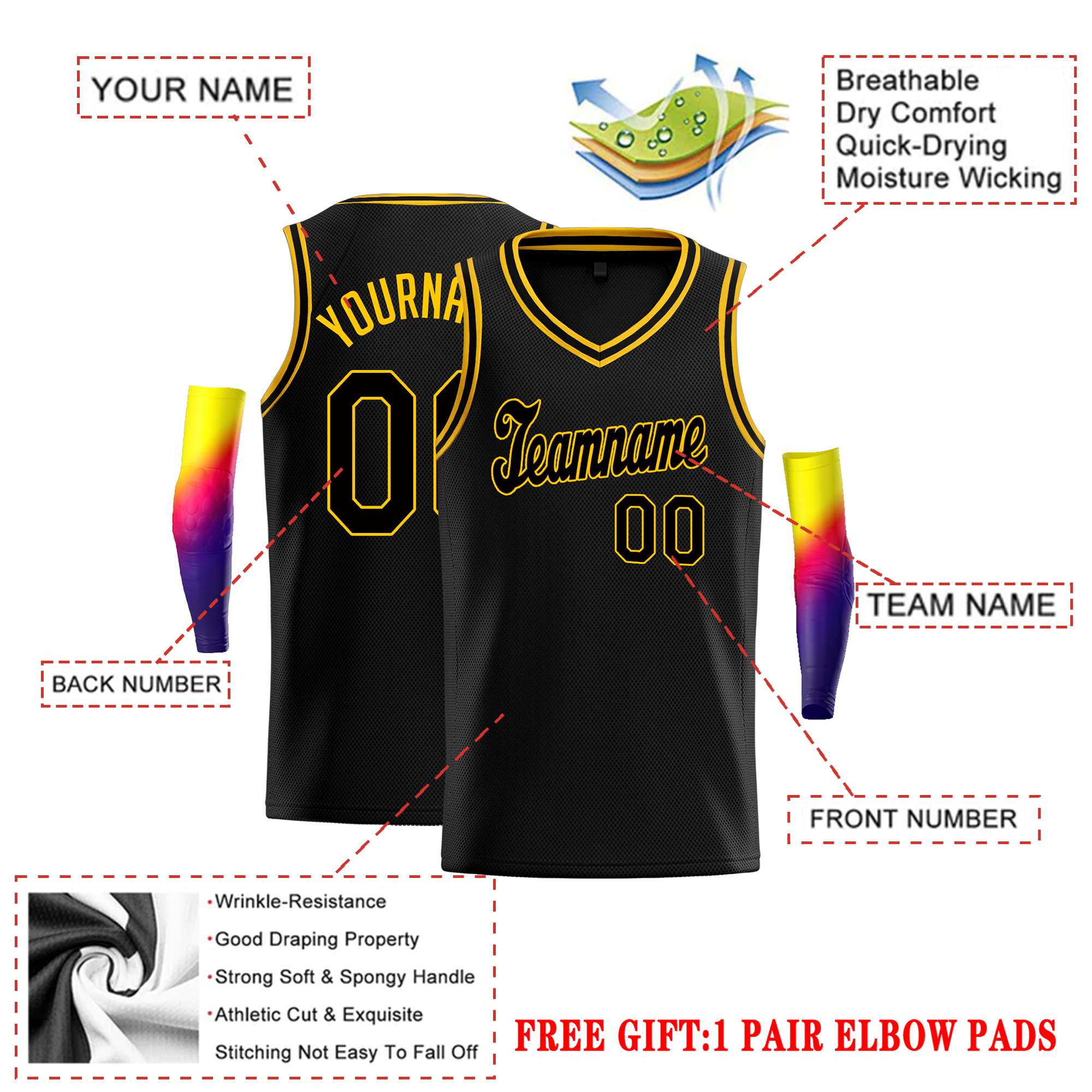 Custom Black Yellow-Black Round Neck Rib-Knit Basketball Jersey